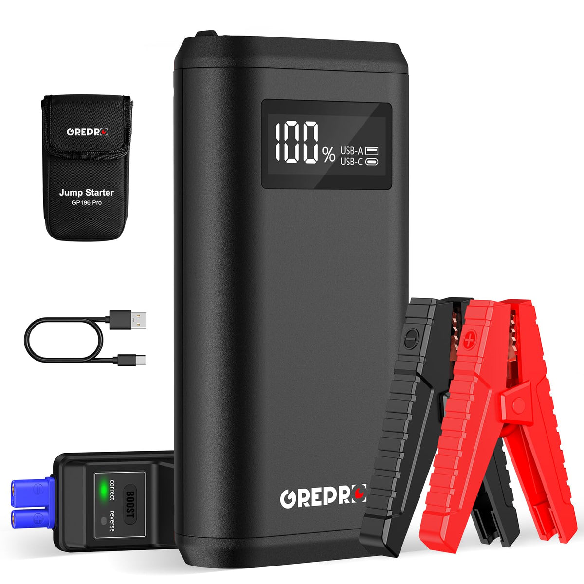 Grepro Car Battery Jump Starter, 3000A Portable For Up To 10L Gas Or 8.0L Diesel Engines, 12V Jumper Box With Lcd Display, 3 Mod