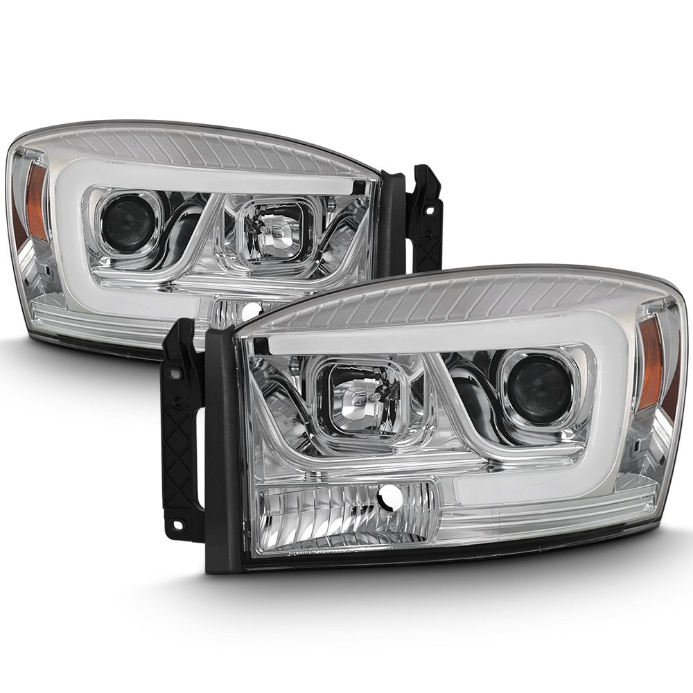 AKKON - For 2006-08 Dodge RAM 1500 + 2006-09 Dodge RAM 2500/3500 LED Daytime Running Lamp Bar Projector Headlights Chrome Set