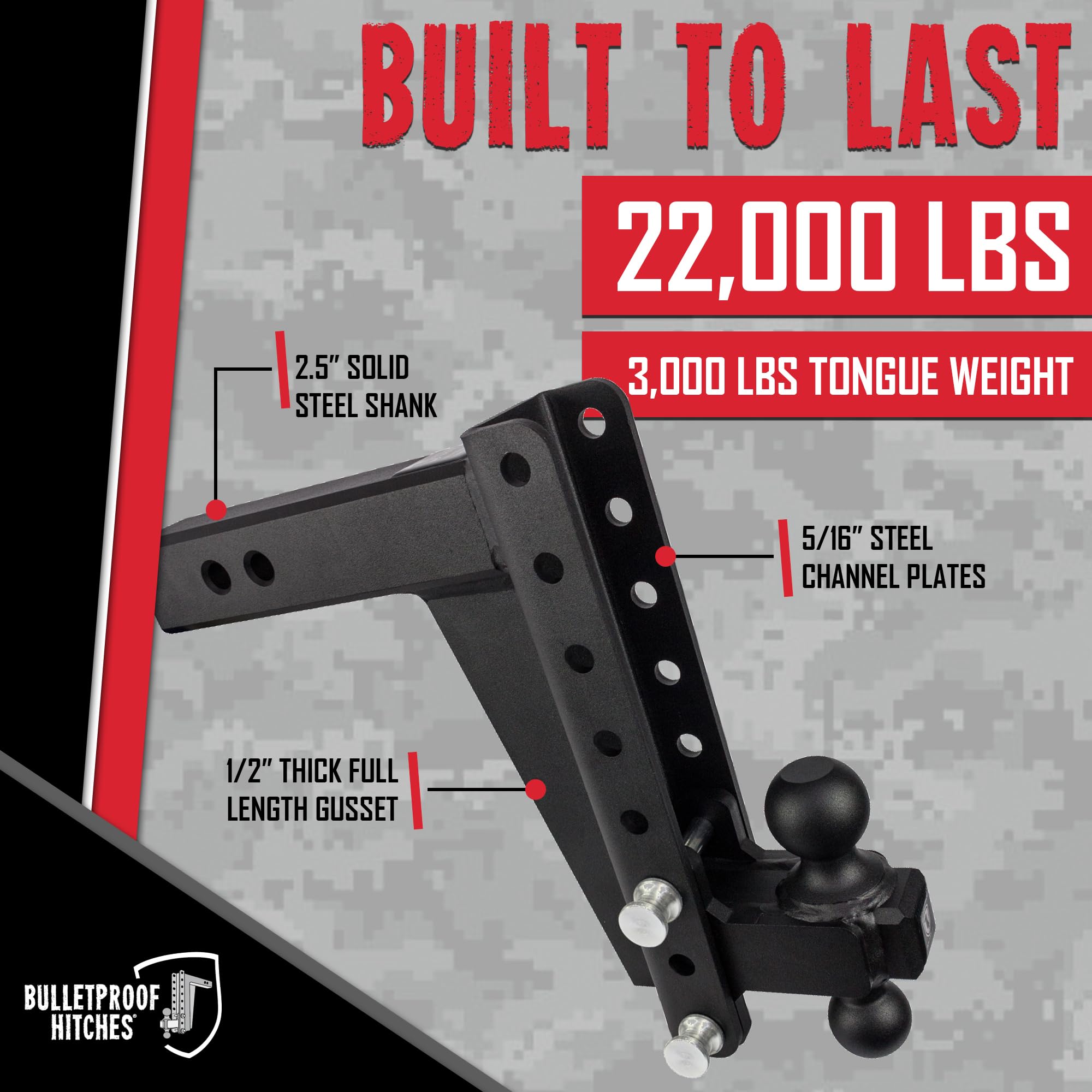 Bulletproof Hitches 2.5'' Adjustable Heavy Duty (22,000Lb Rating) 10'' Drop/Rise Trailer Hitch With 2'' And 2 5/16'' Dual Ball (