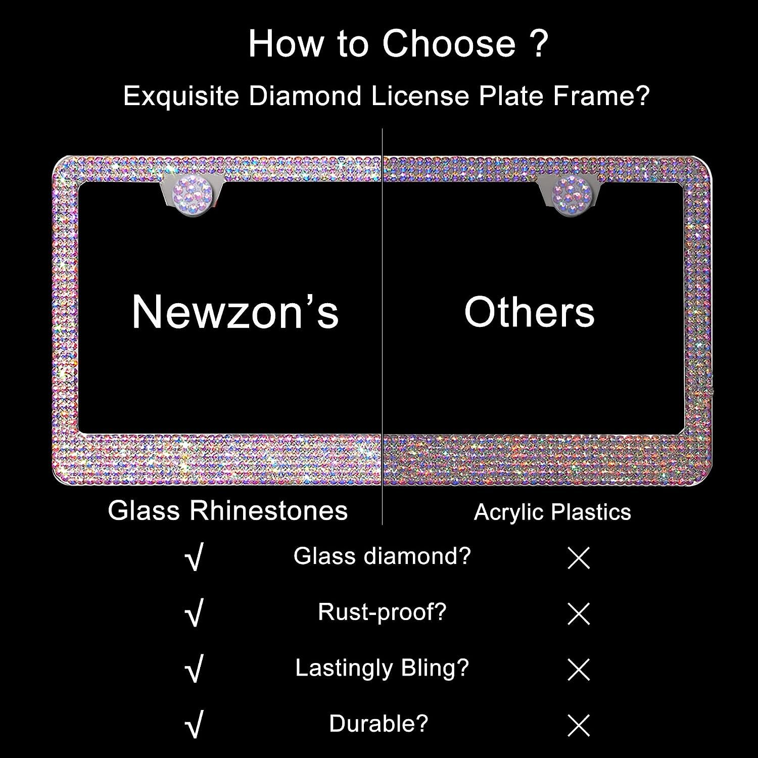 Newzon Ab Bedazzled Crystal Car License Plate Cover 2 Pieces, Color Bling License Plate Frames With High End Ribbon Gift Box, Di