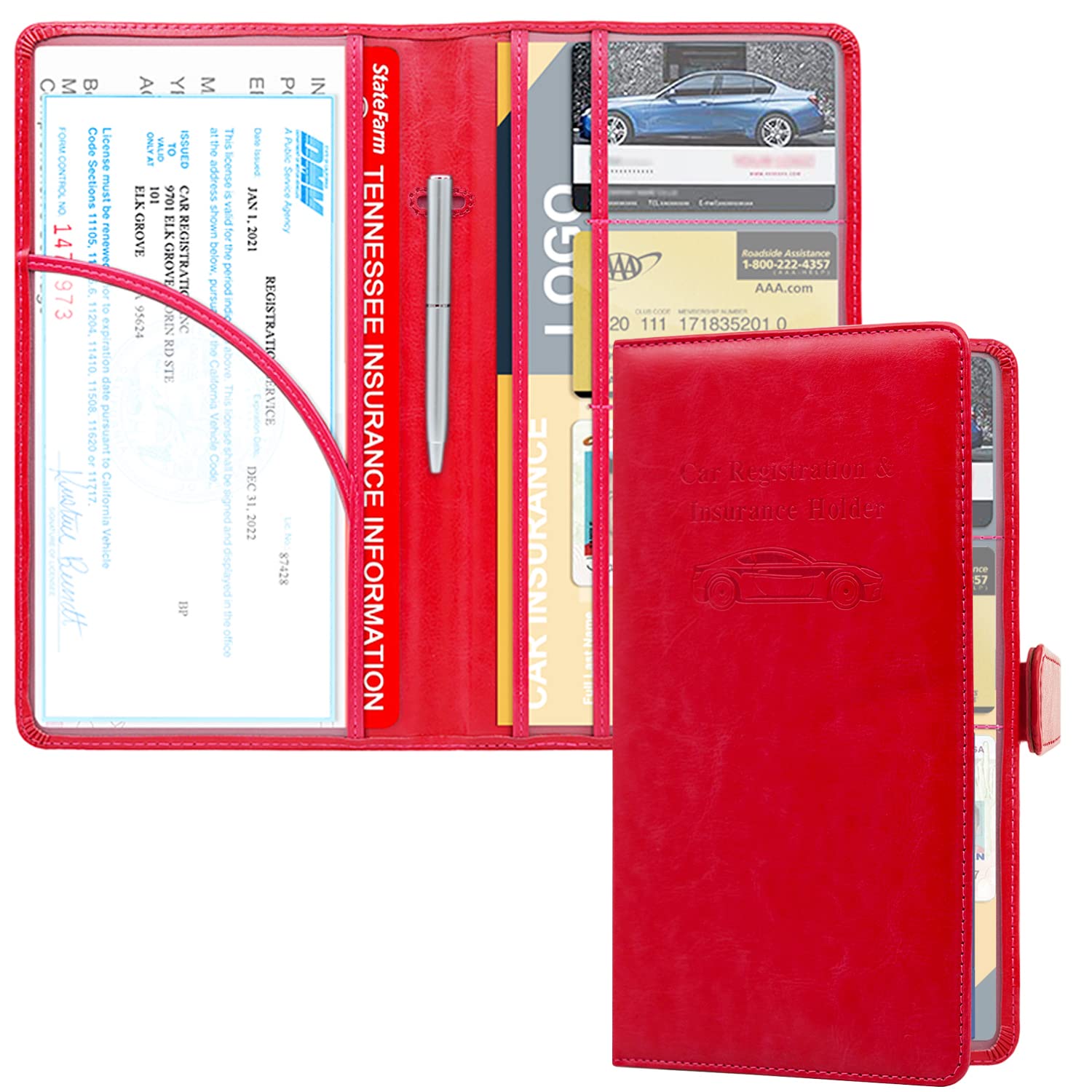 Rsaquar Car Registration And Insurance Holder, Leather Car Glove Box Organizer, Cool Car Accessories For Id, Driver'S License Cards & Essential Document, Men&Women, Red