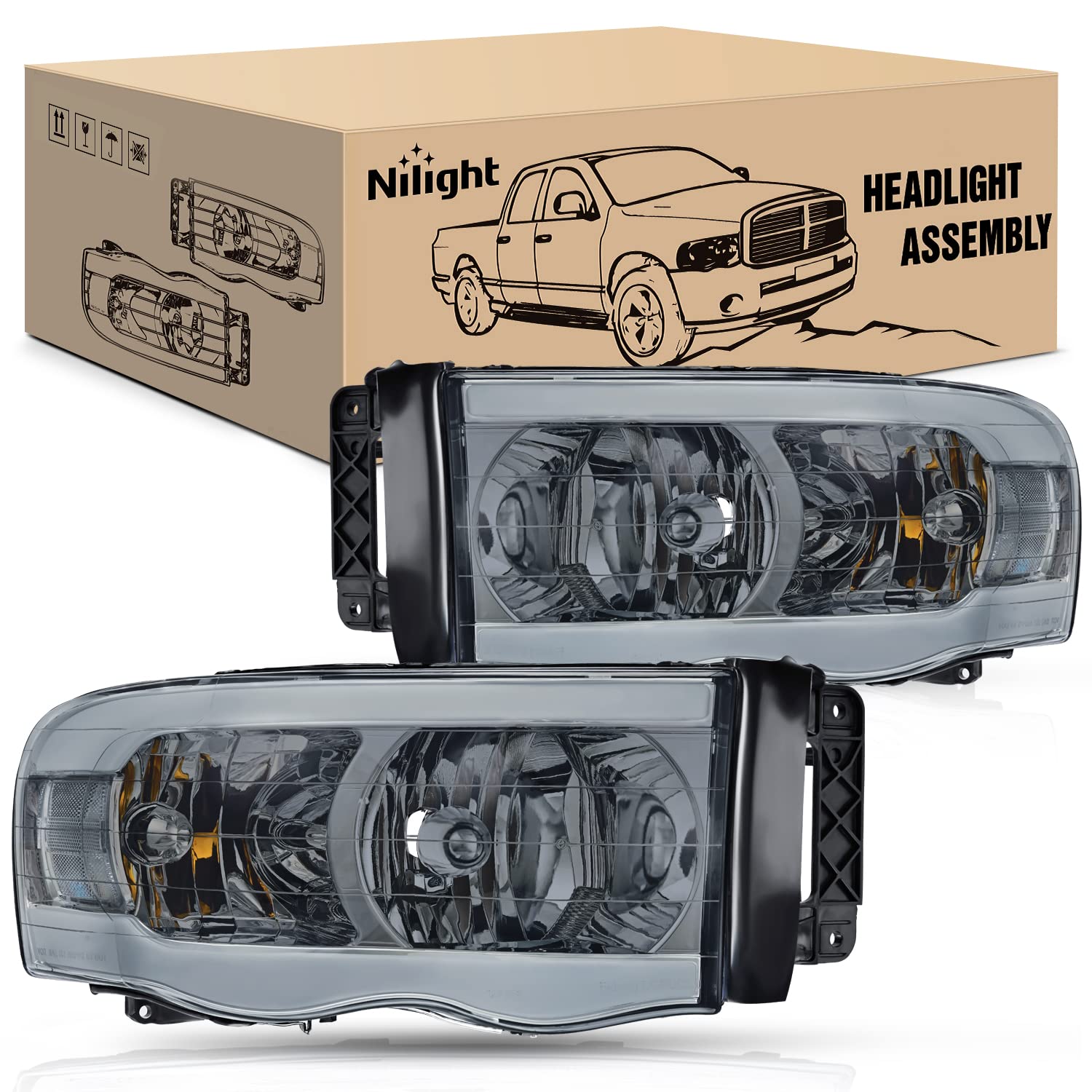 Nilight Headlights Assembly Led Drl For 2002-2005 Dodge Ram 1500/2003 2004 2005 Dodge Ram 2500 3500 Headlamp, Smoke Housing Clea