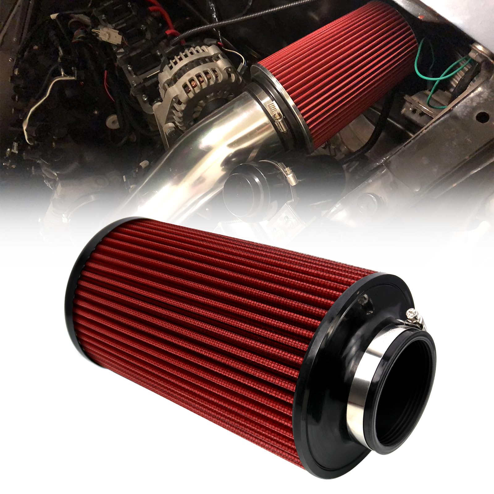 RYANSTAR RACING 76mm 3'' High Flow Round Tapered Cone Cool Air Filter Cleaner with Top Filter Design Long 270mm Tall