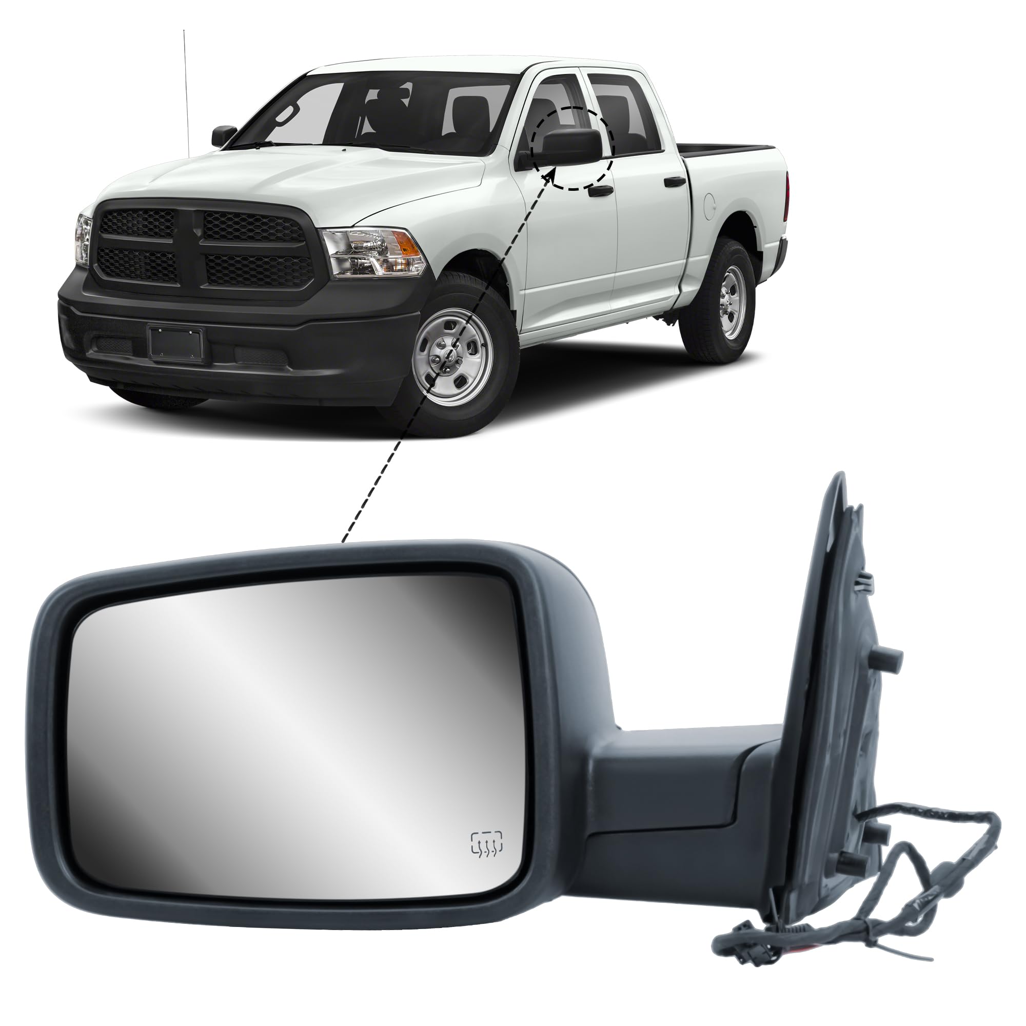 Driver Left Side Door Mirror Power Heated Manual Folding with Temperature Sensor Textured Back Cover for Ram 1500 2014-2018, 150