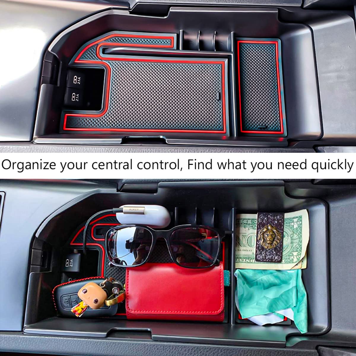 Tacorbo Center Console Organizer Compatible With Camry Xle Xse 2018-2022 2023 And Camry Le Se 2020 2021-22 2023 Insert Tray Accessories, Armrest Secondary Storage Box, Fit Dual Usb Ports, Red Trim