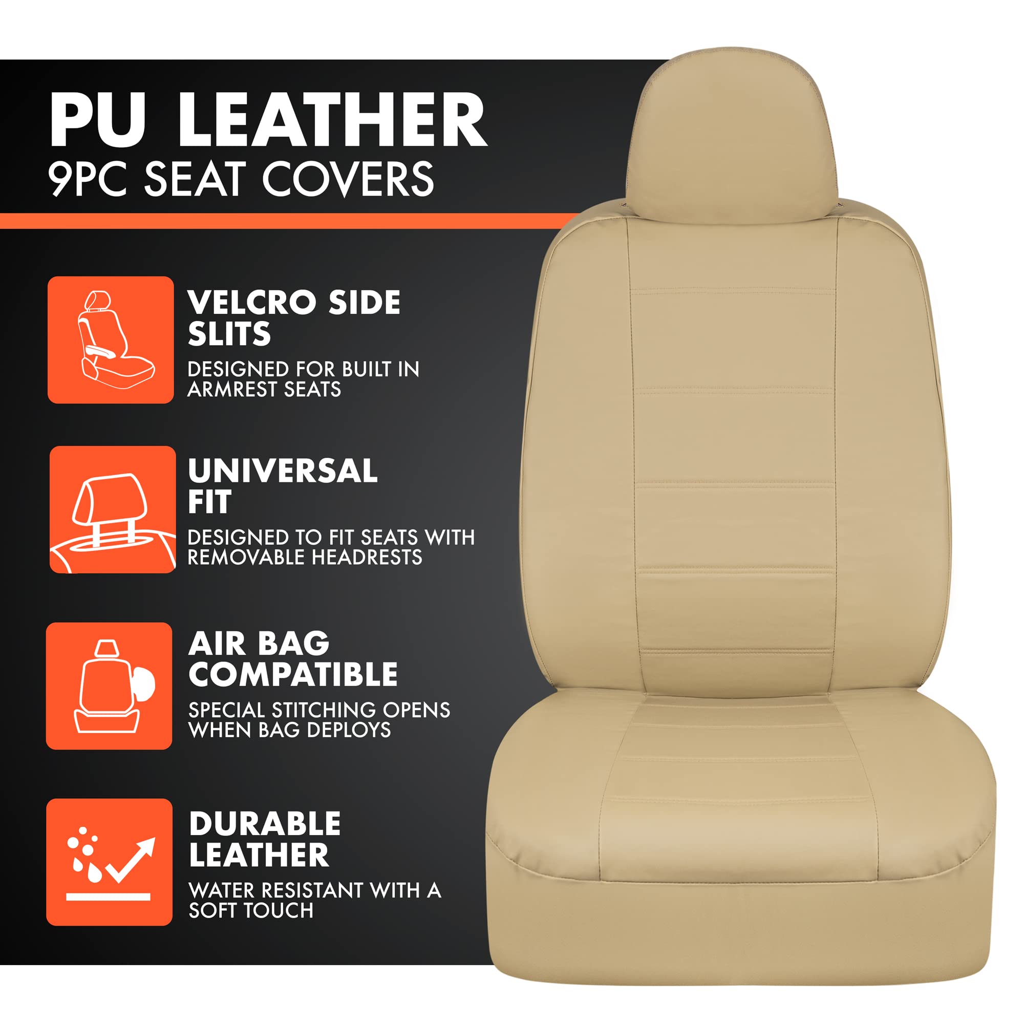 Bdk Carxs Beige Leather Car Seat Covers Universal Full Set, 9-Piece Faux Leather Seat Covers For Cars, Includes Front Seat Cover