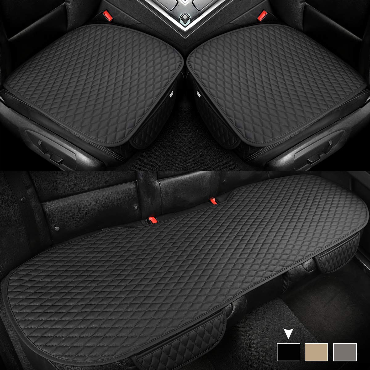 West Llama Pu Leather Car Seat Bottom Covers Protectors Include 1 Pair Front Driver Seat Pad Mat And 1 Rear Bench Cover Universal Fit 90% Vehicles, Black