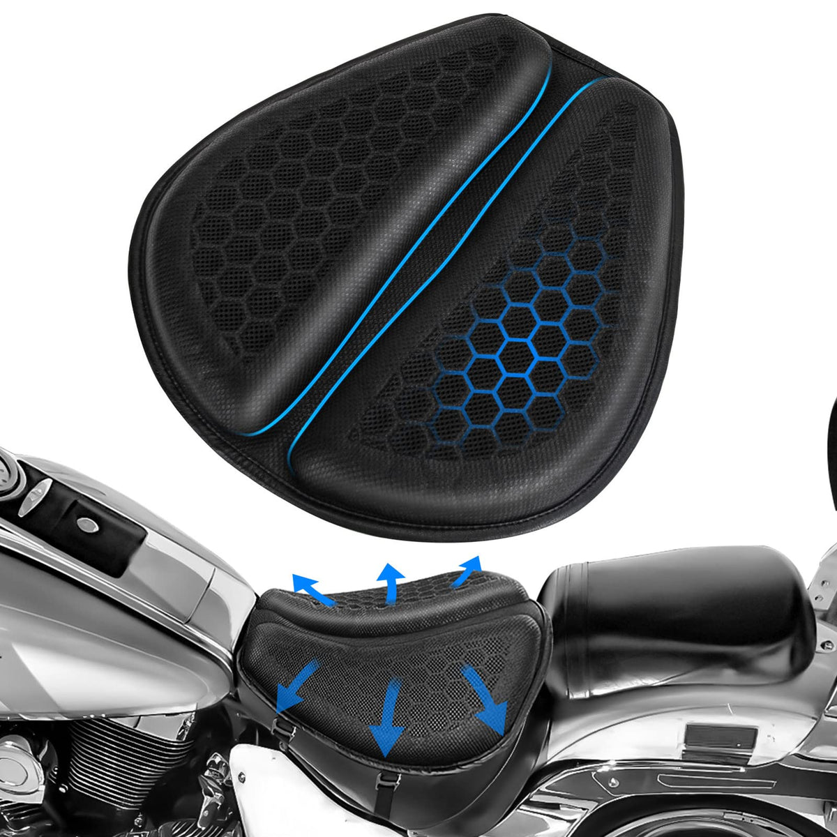 WDG Motorcycle Seat Cushion Pad 3D Honeycomb High Elasticity Gel Material Comfortable Breathable Shock Absorption for Long Rides