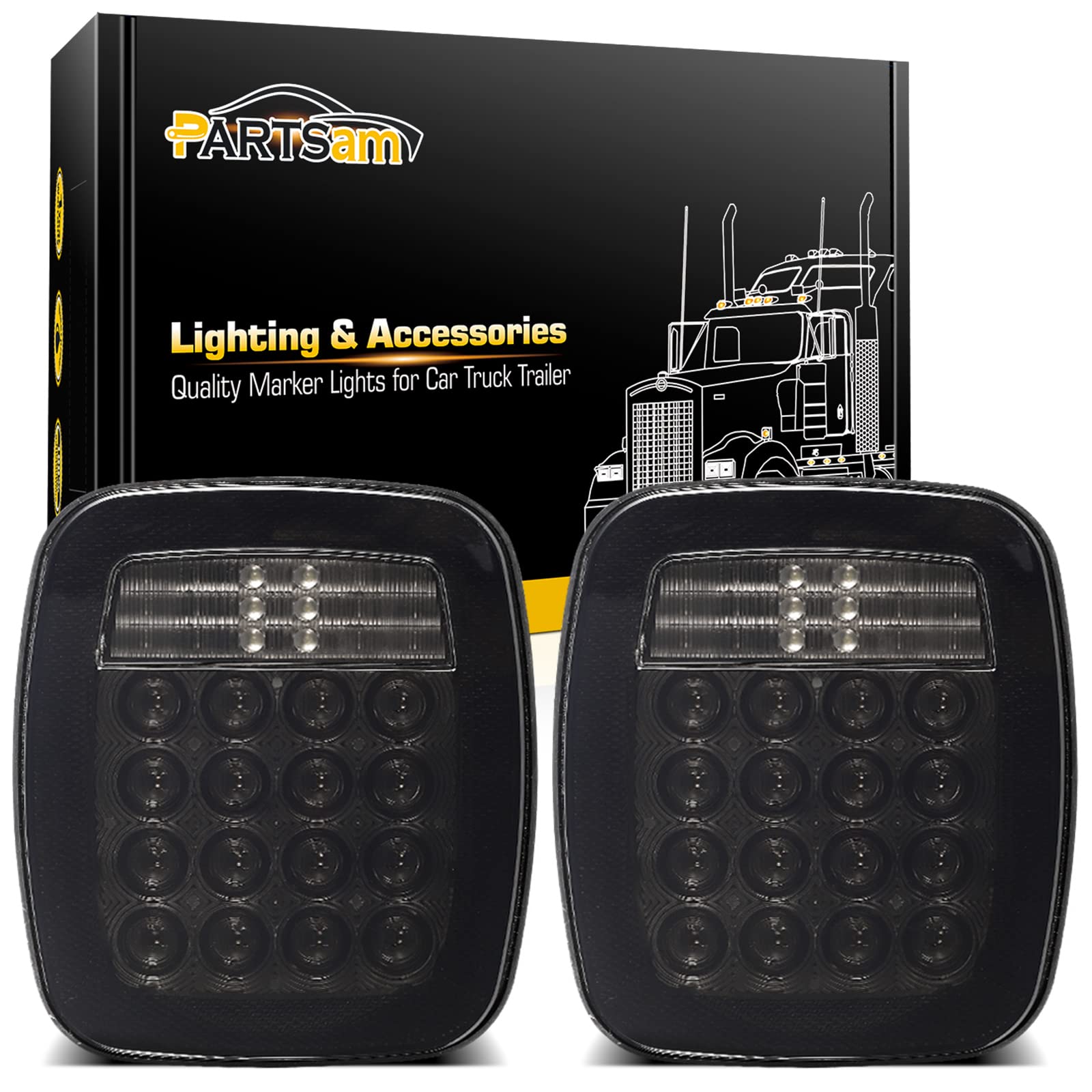 Partsam 2Pcs Universal Smoked Square Combination 38 Led Signal Tail Lights W/License Plate Lights Flatbed Trucks Brake Stop Turn