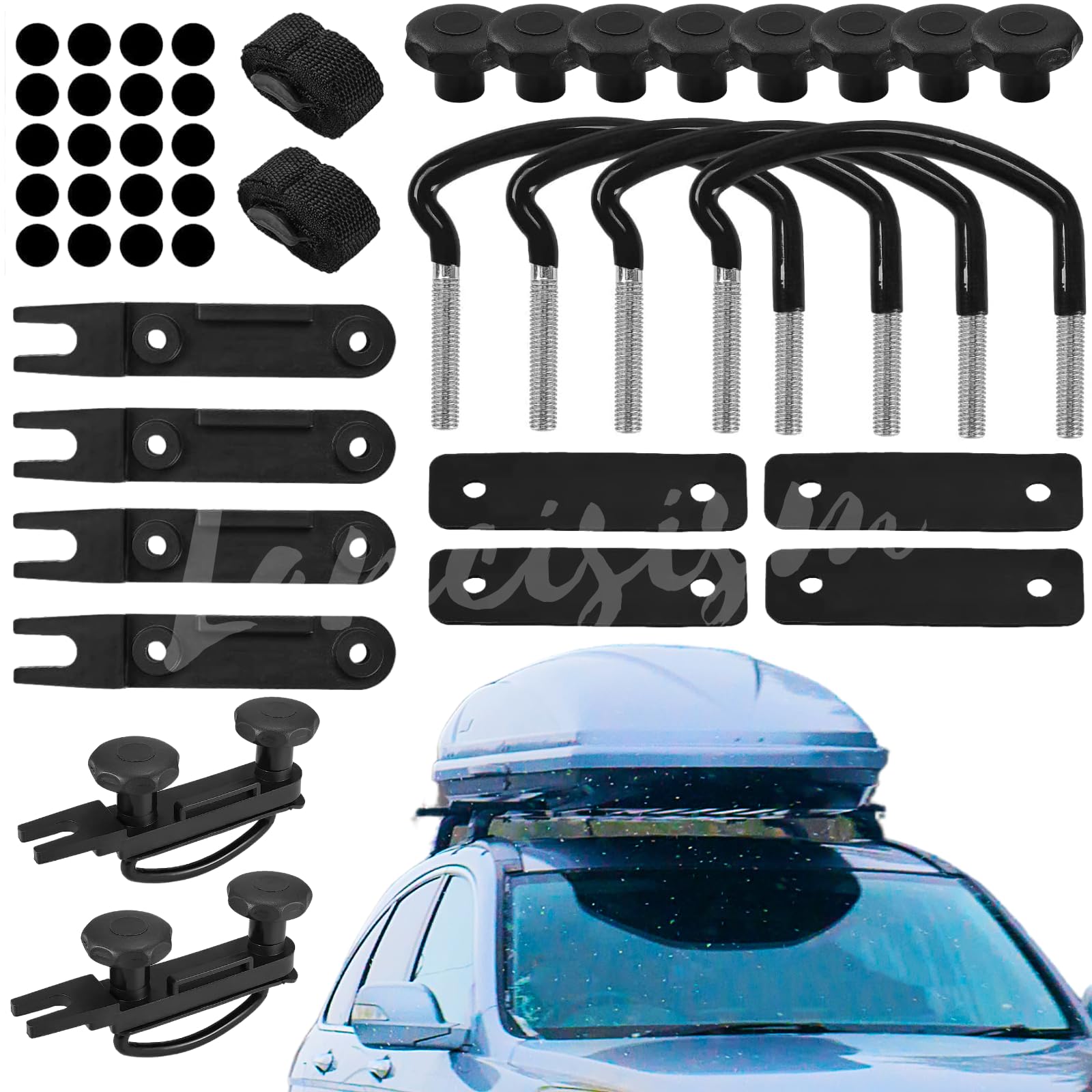 4 Pcs Universal Roof Box U-Bolt Clamps, Upgraded Rooftop Cargo Carrier Rack Bolts, Car Van Mounting Fitting Kit 85Mm Inner Width Metal U-Bracket Clips W/ 8 Lock Nuts 2 Straps