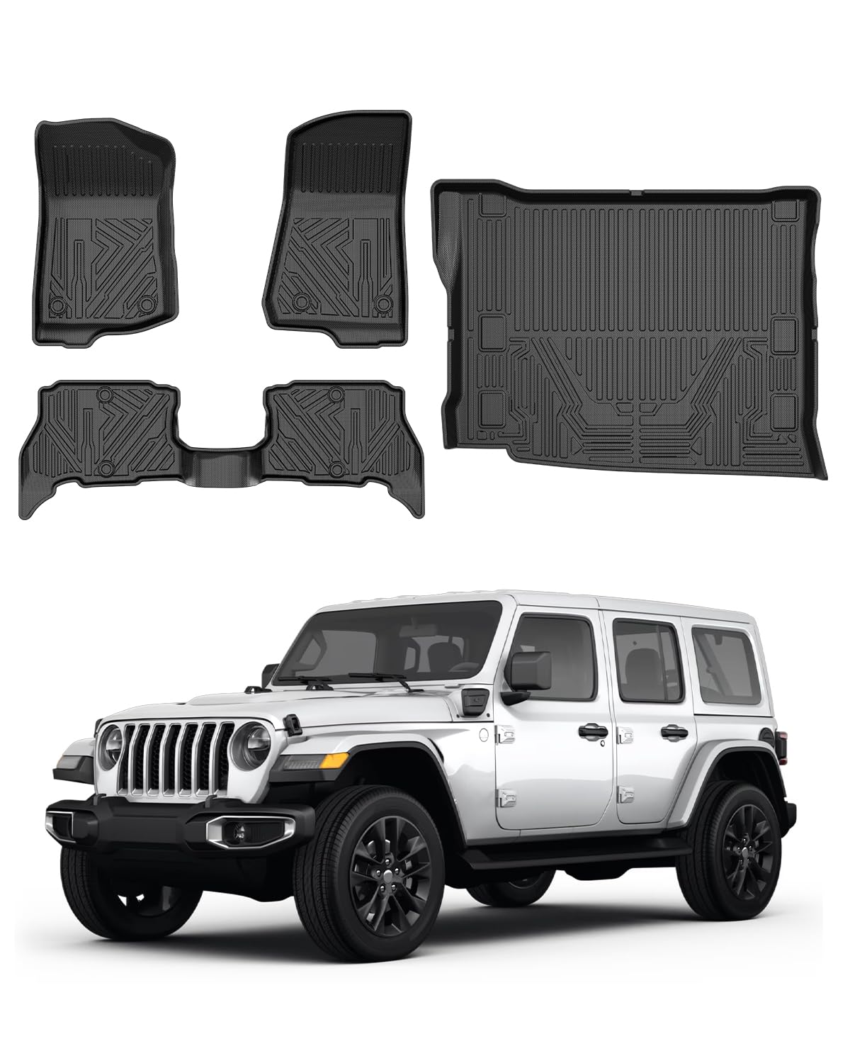 Powerty Floor Mats & Cargo Liner For 2021-2025 Jeep Wrangler 4Xe 4 Door Accessories Floor Mats 2 Row Liner Set All Weather Tpe 3