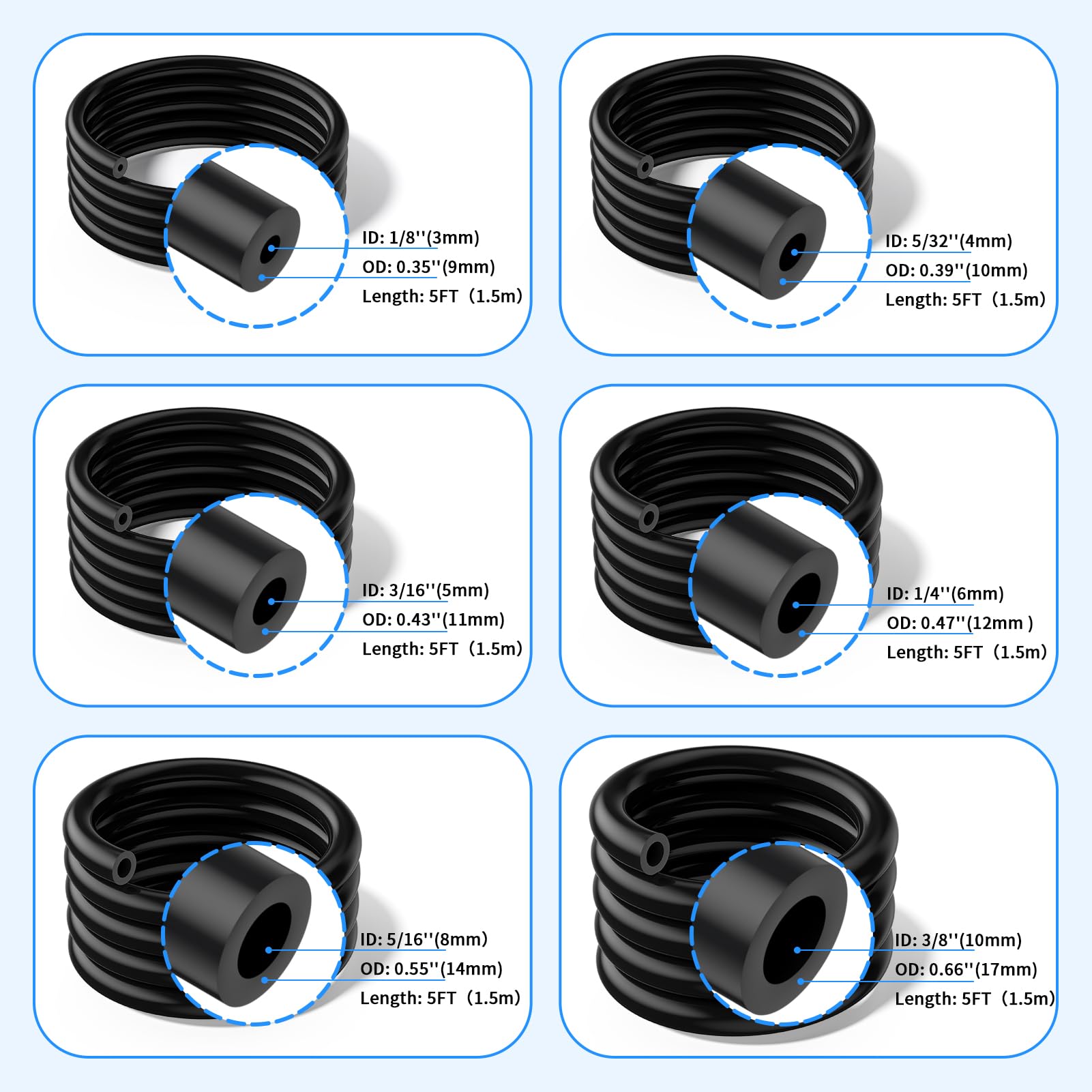 Vacuum Hose Automotive, 1/8'' 5/32'' 3/16'' 1/4'' 5/16'' 3/8''ID High Performance Silicone Vacuum Tubing Hose Kit, 6PCS Vacuum L