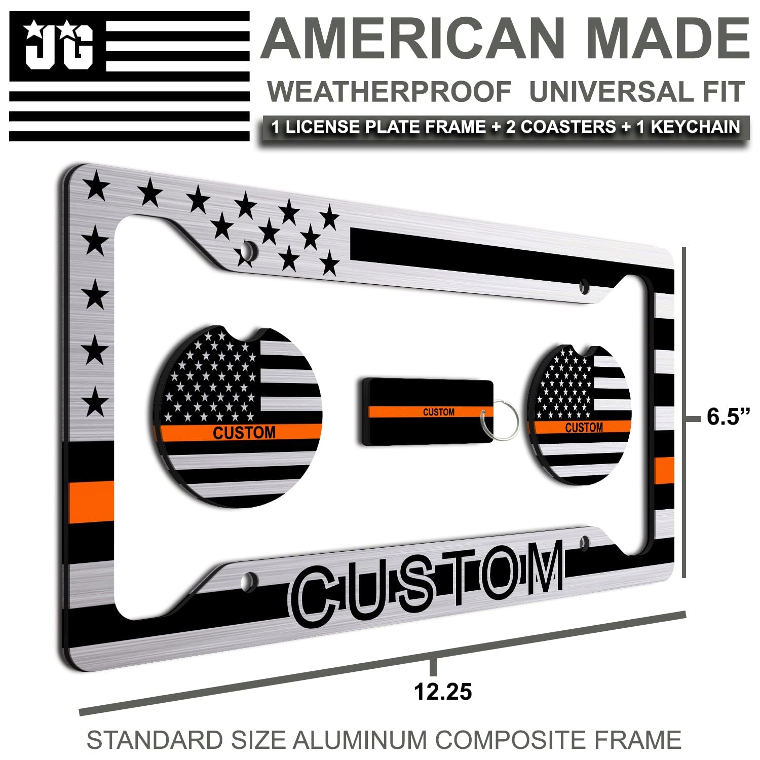 Thin Orange Line - Personalized American Flag License Plate Frame + 2 Coasters And A Keychain