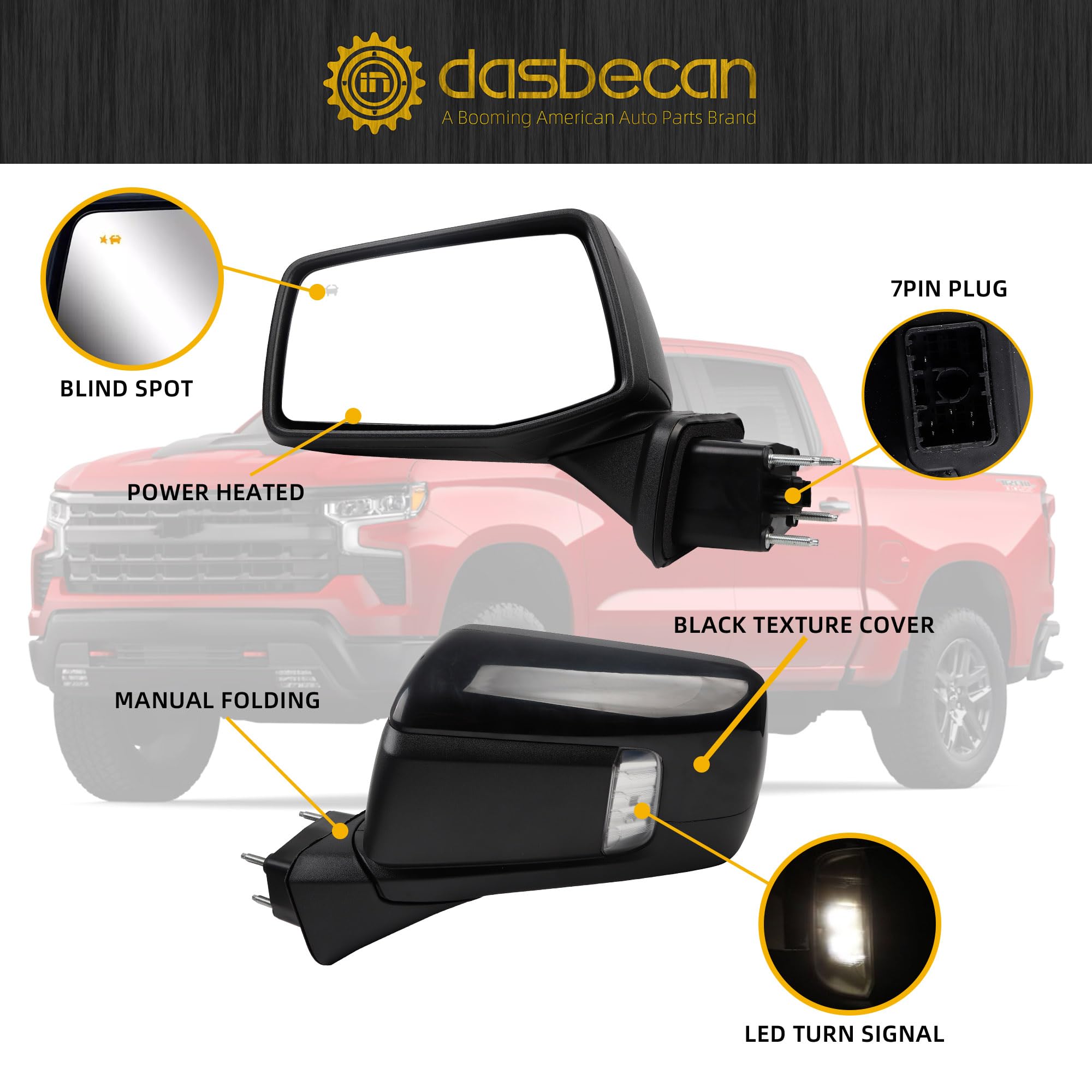 Dasbecan Left Driver Side Mirror Compatible with 2019-2024 Chevy Silverado 1500 With Power Glass/Manual Folding/LED Turn signal/