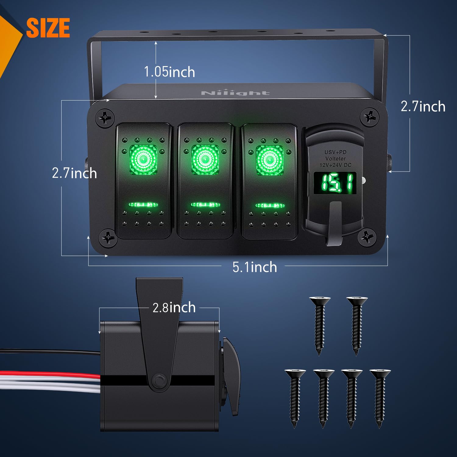 Nilight 3 Gang Rocker Switch Box 12V Spst On Off Toggle Switches Pd Type C And Qc Usb Charger Voltmeter Led Light Waterproof Alu