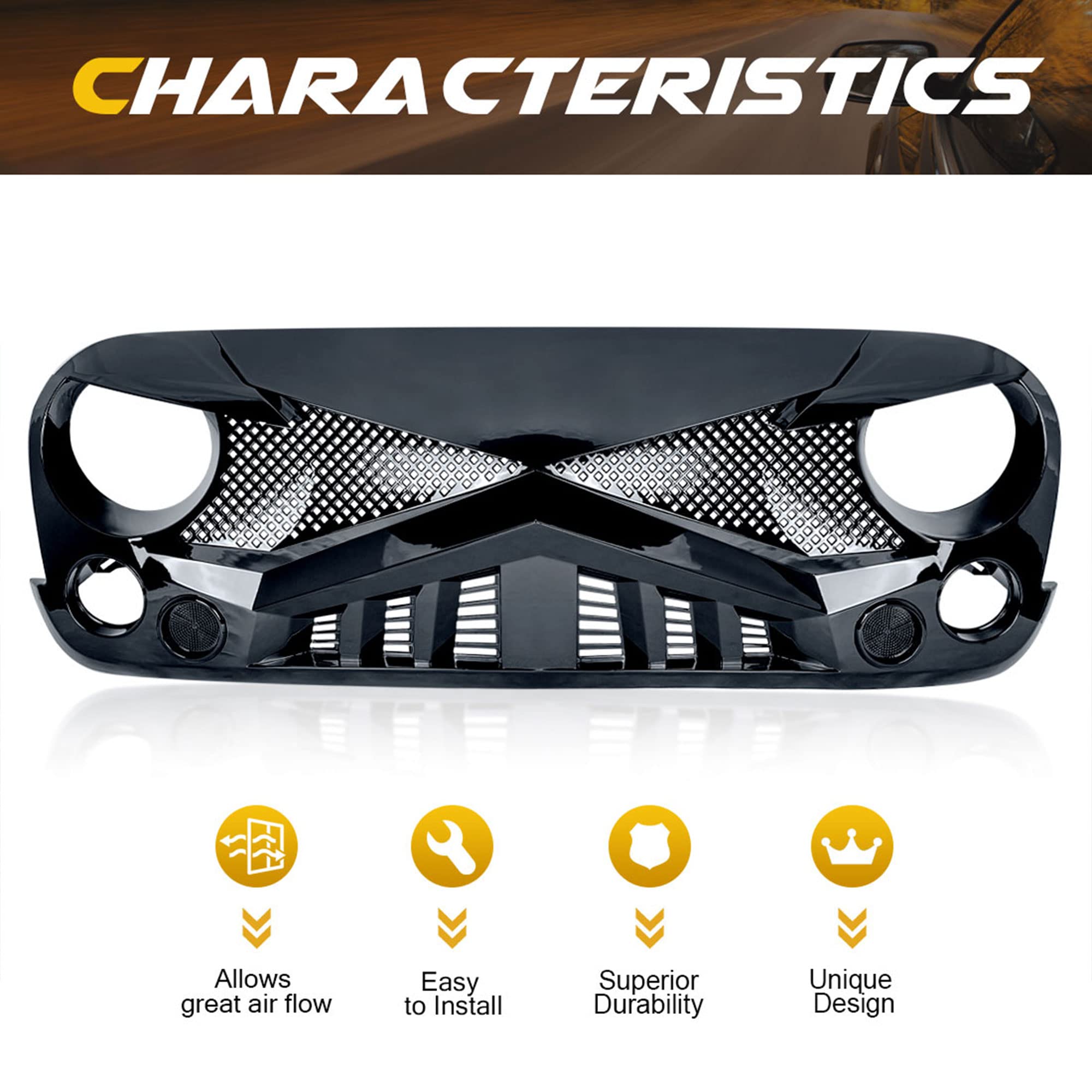 American Modified Hawke Easy Installation Aggressive Front Grille Cover For 2007 To 2018 Jeep Wrangler Jk, Glossy Black