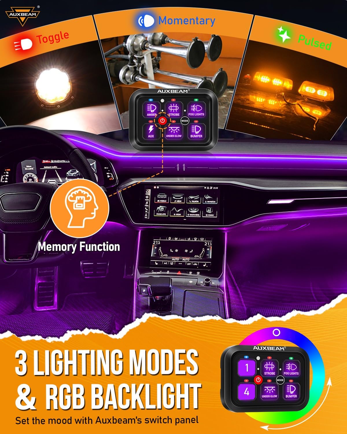 Auxbeam RGB 6 Gang Switch Panel RA60 Auto-Dimmable Switch Panel w/Momentary Toggle Pulsed Memory Function, 12-24V Switch Panel f