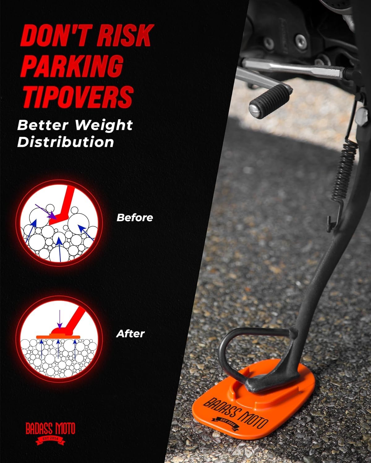 Motorcycle Kickstand Pad - Motorcycle Stand For Harley Davidson, Kawasaki, Honda, Triumph, Suzuki, & Bmw Riders - Self-Adjusting