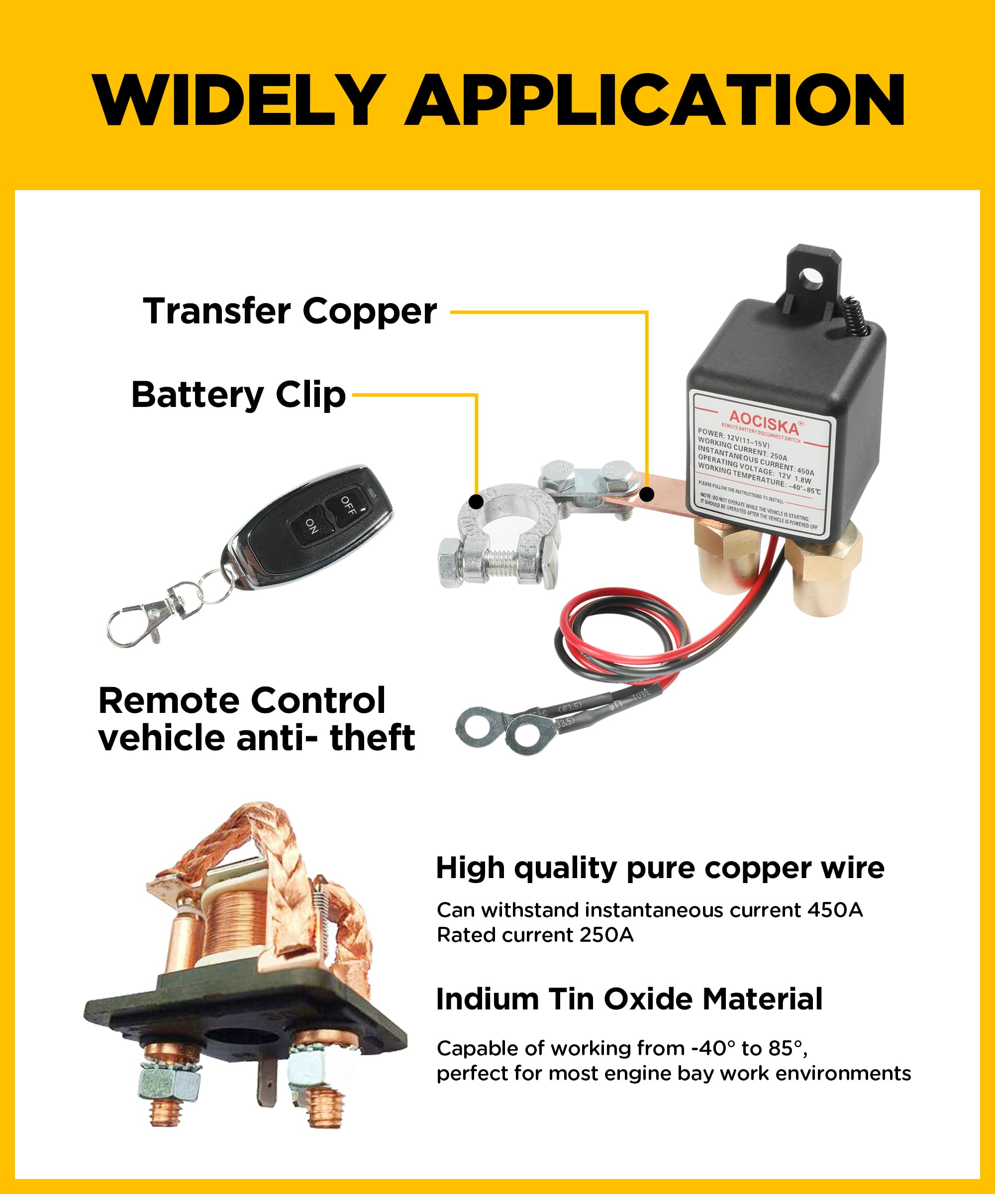 Aociska Remote Negative Battery Kill Switch Kit,Car Kill Switch Anti Theft Dc 12V 250A Remote Control,Prevent Battery Drain,Battery Cut Off Switch Remote Battery Disconnect Switch