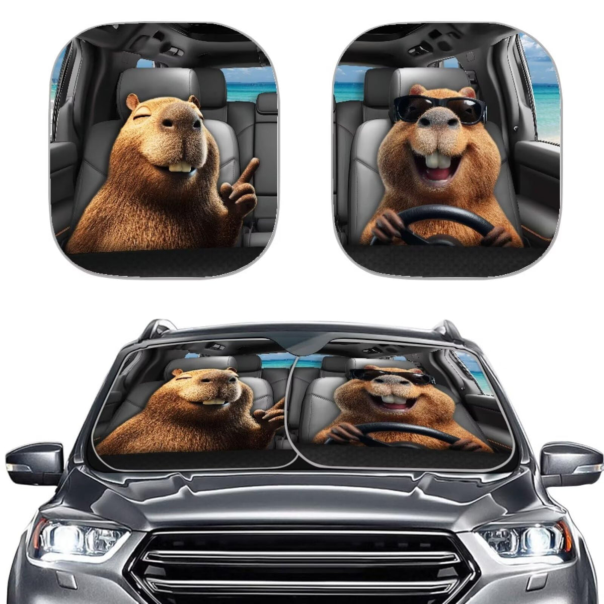 HUISEFOR Capybara Car Windshield Sun Shade 2 Pack Funny Car Sun Visor Foldable Automotive Windshield Sunshade Heat Resistant UV 