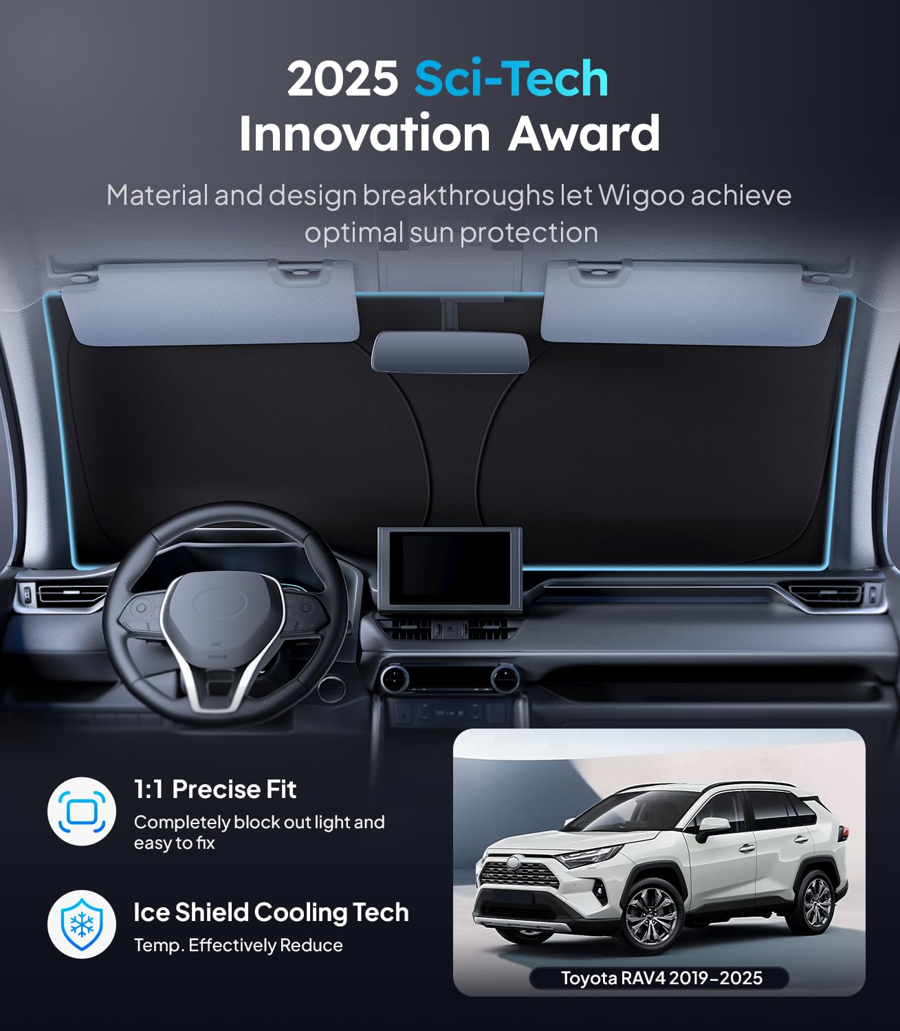 Wigoo For Toyota Rav4 2019-2025 Windshield Sunshade [100% Sun Block, 4Th-Gen Cooling Tech] Foldable Heat Insulation Front Window