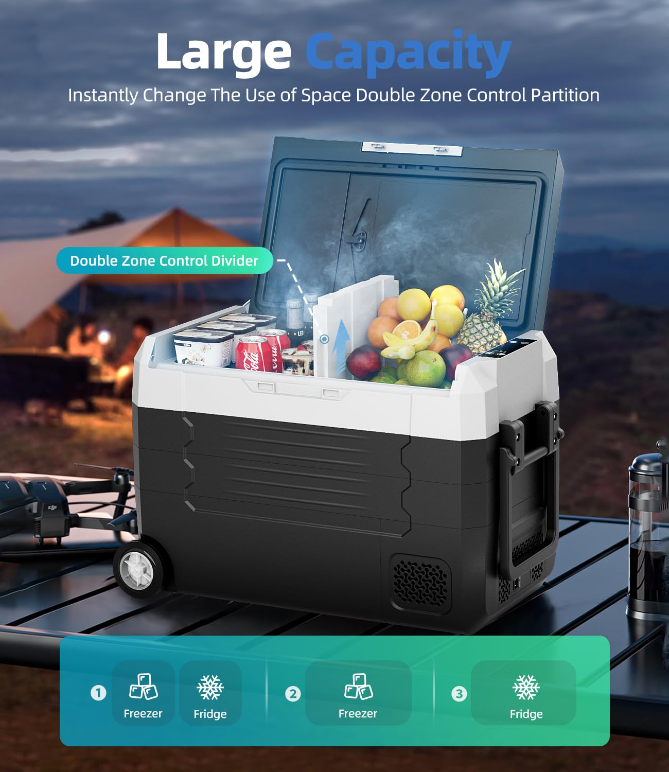 12 Volt Refrigerator, 53QT(50L) Compressor Electric Cooler with Wheels, Car Fridge with APP Control, Portable Freezer -13?~68?,