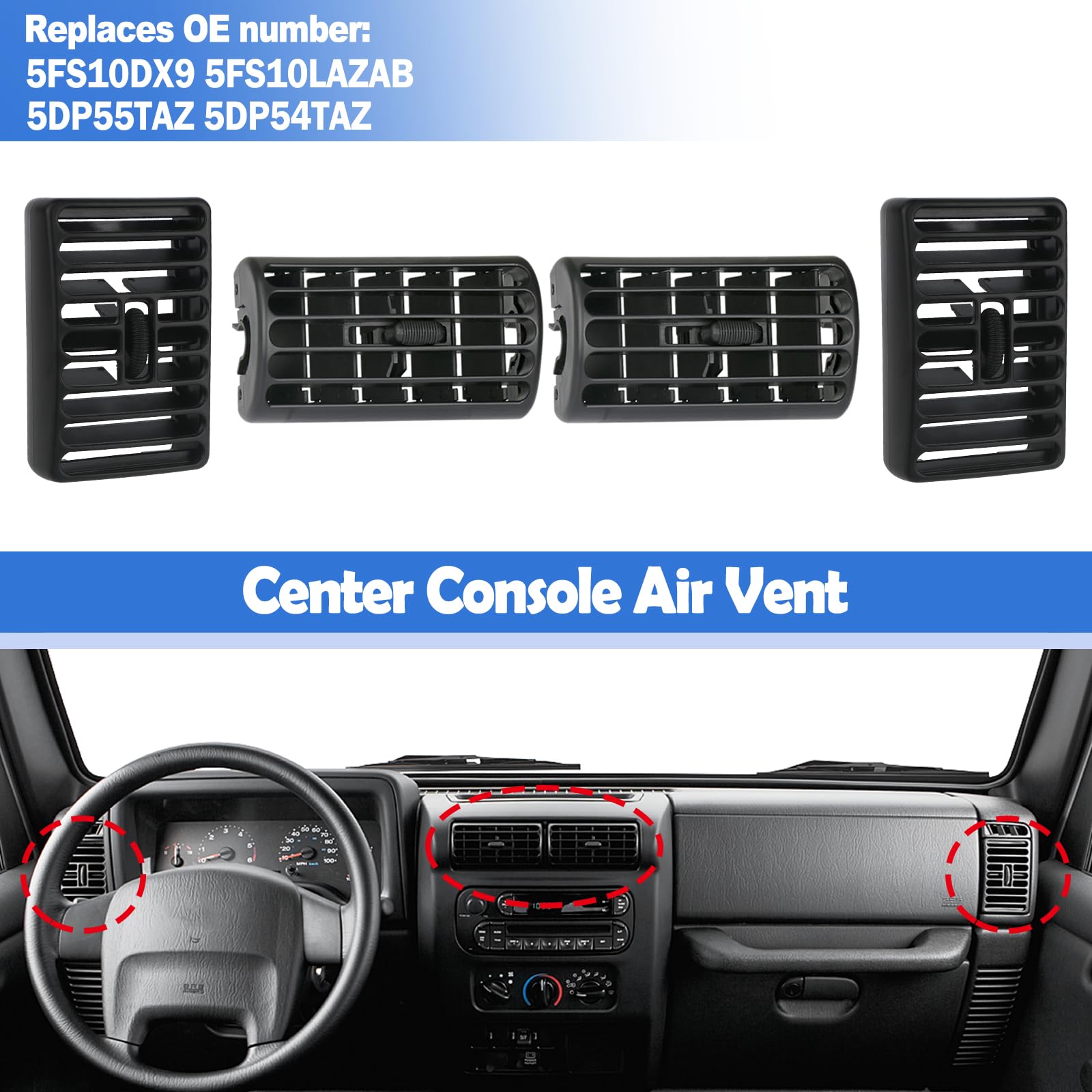 Osompar 4PCS Center Console Air Vent Grille for Jeep Wrangler TJ 1997-2006 Jeep Cherokee XJ 1997-2001 Dash Center Dash Vents Lou