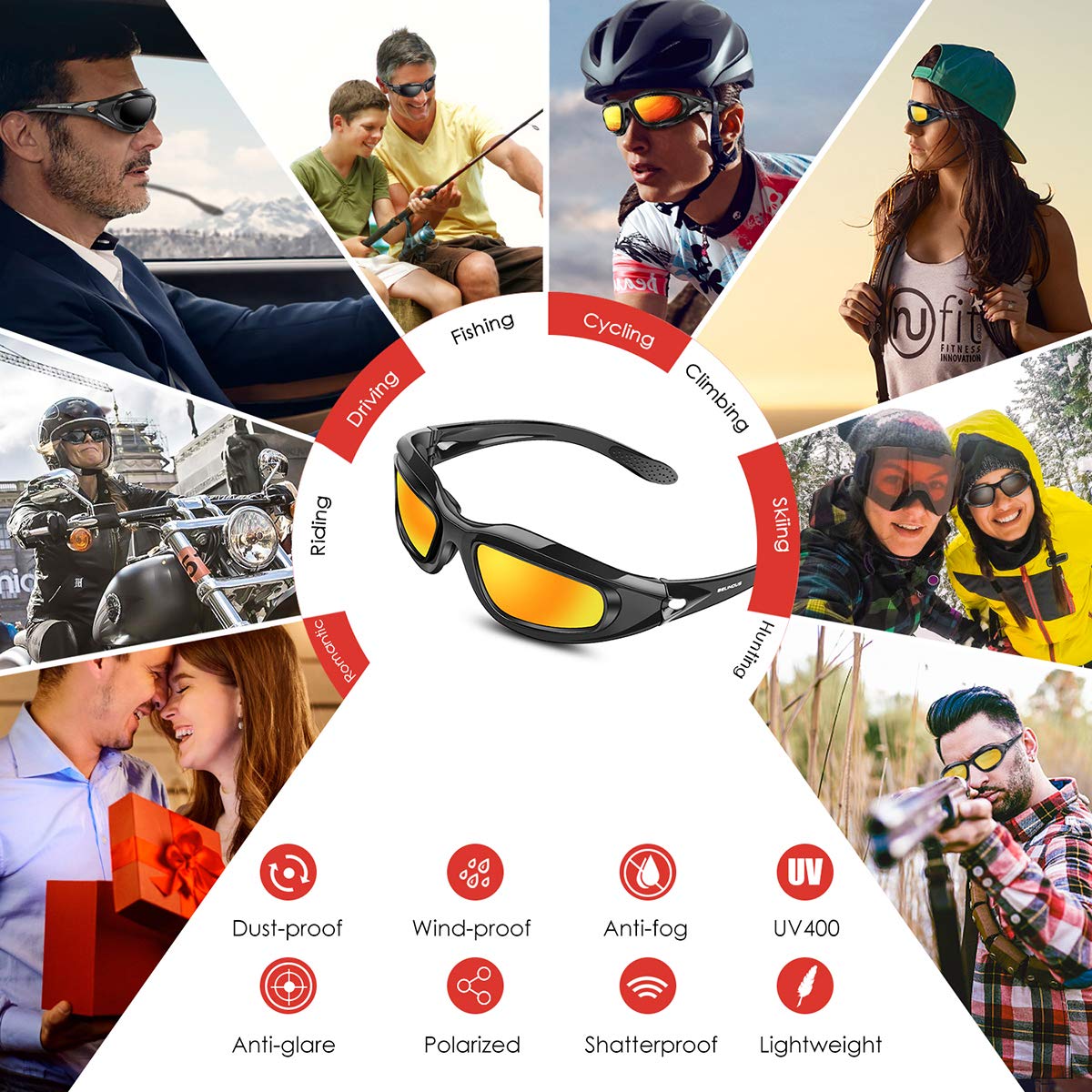 BELINOUS Polarized Motorcycle Goggles with Foam Padding, Windproof, Anti-Dust, 4 Interchangeable Lenses, Bright Black, Model BELINOUS-SG06