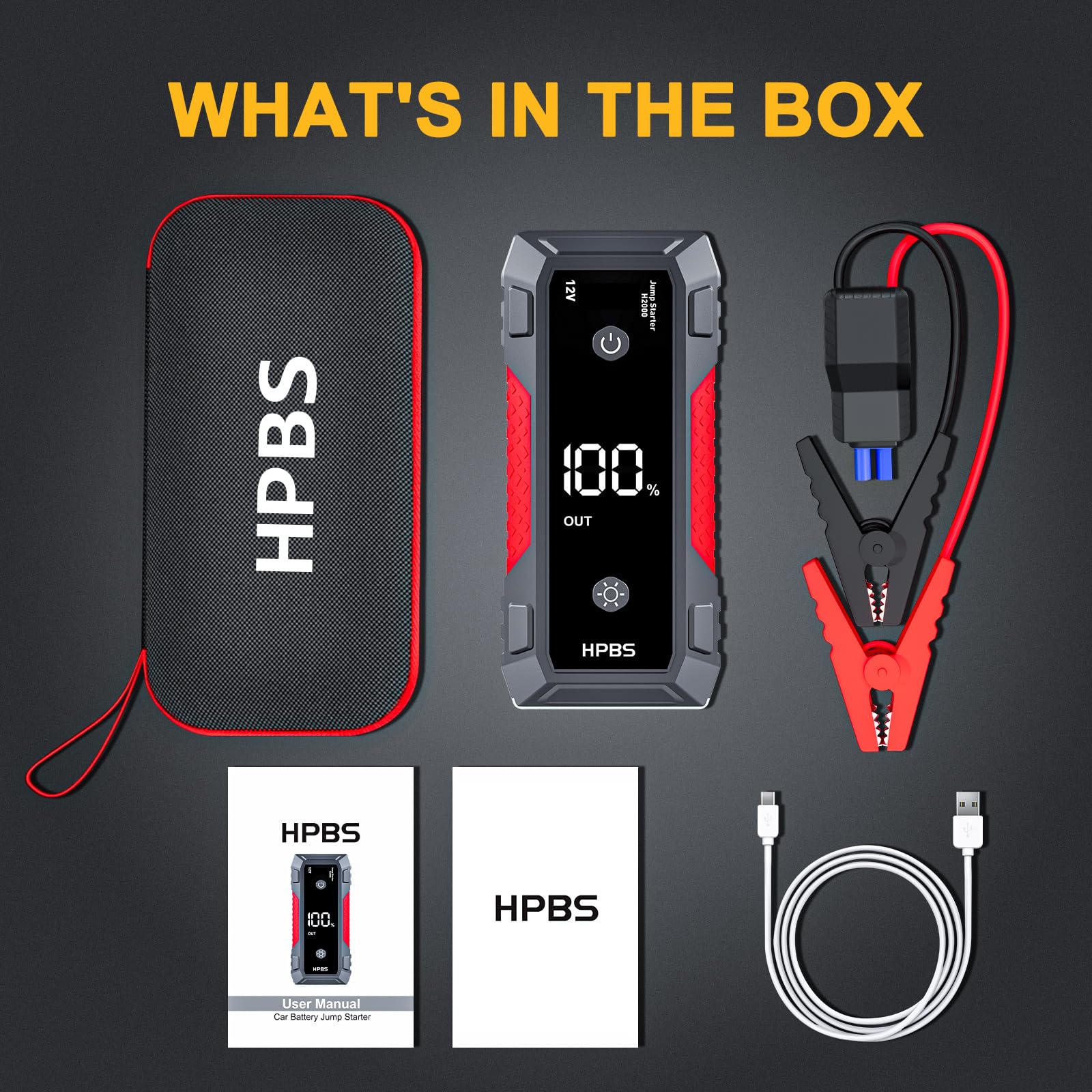 HPBS Jump Starter 4000A Battery Pack for 10.0L Gas & 8.0L Diesel Engines, 12V Portable, Red, Model H2000