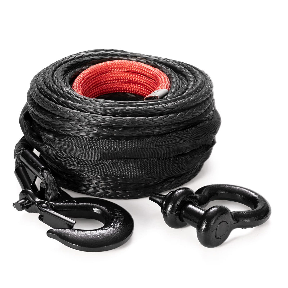 Fieryred Synthetic Winch Rope 100Ft 3/8 Inch 26500 Ibs Winch Line Cable Black Rope With Protective Sleeve D-Ring Shackle Forged 