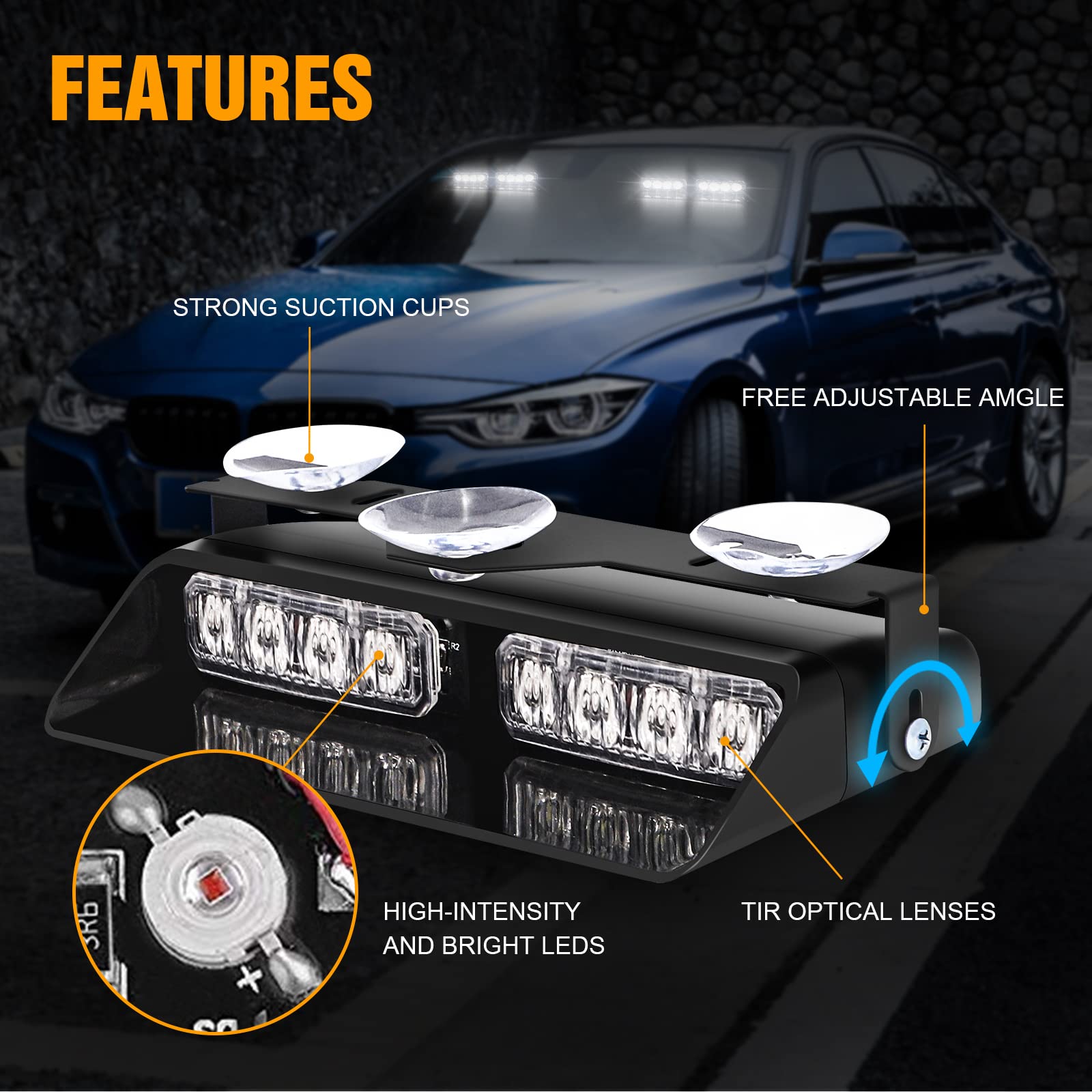 Xridonsen White 2 In 1 Dash Emergency Strobe Lights Front/Rear Windshield Lights Warning Safety Flashing W/Suction Cups For Volu