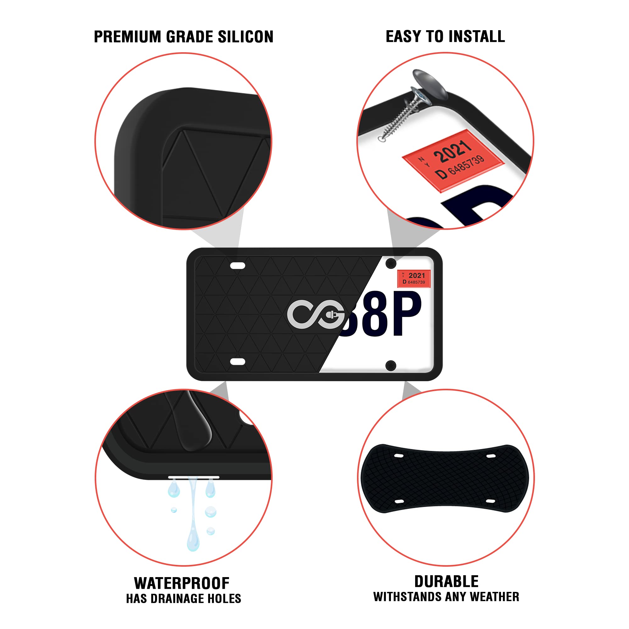 Car Accessories Black Silicone License Plate Frame - Protects From Scratches | No-Rattle Fit Silicone Cover For U.S. Plates - Front & Back License Plate Holder With Custom Mounting Kit 2 Pair