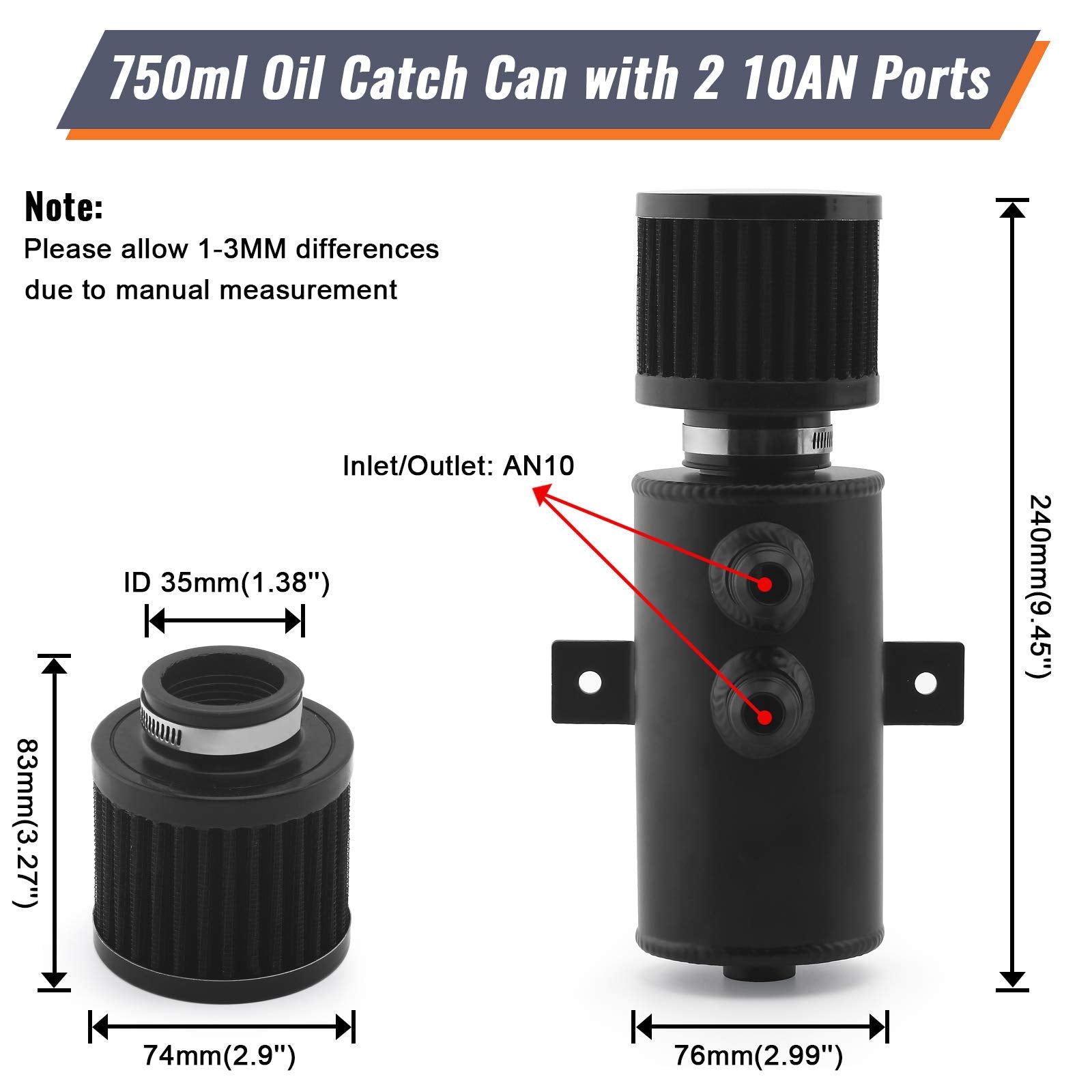 Muge Racing Universal Oil Catch Can Tank Kit Polish Baffled Reservoir With Breather Filter With 3/8'' Fuel Line,Aluminum,Black (
