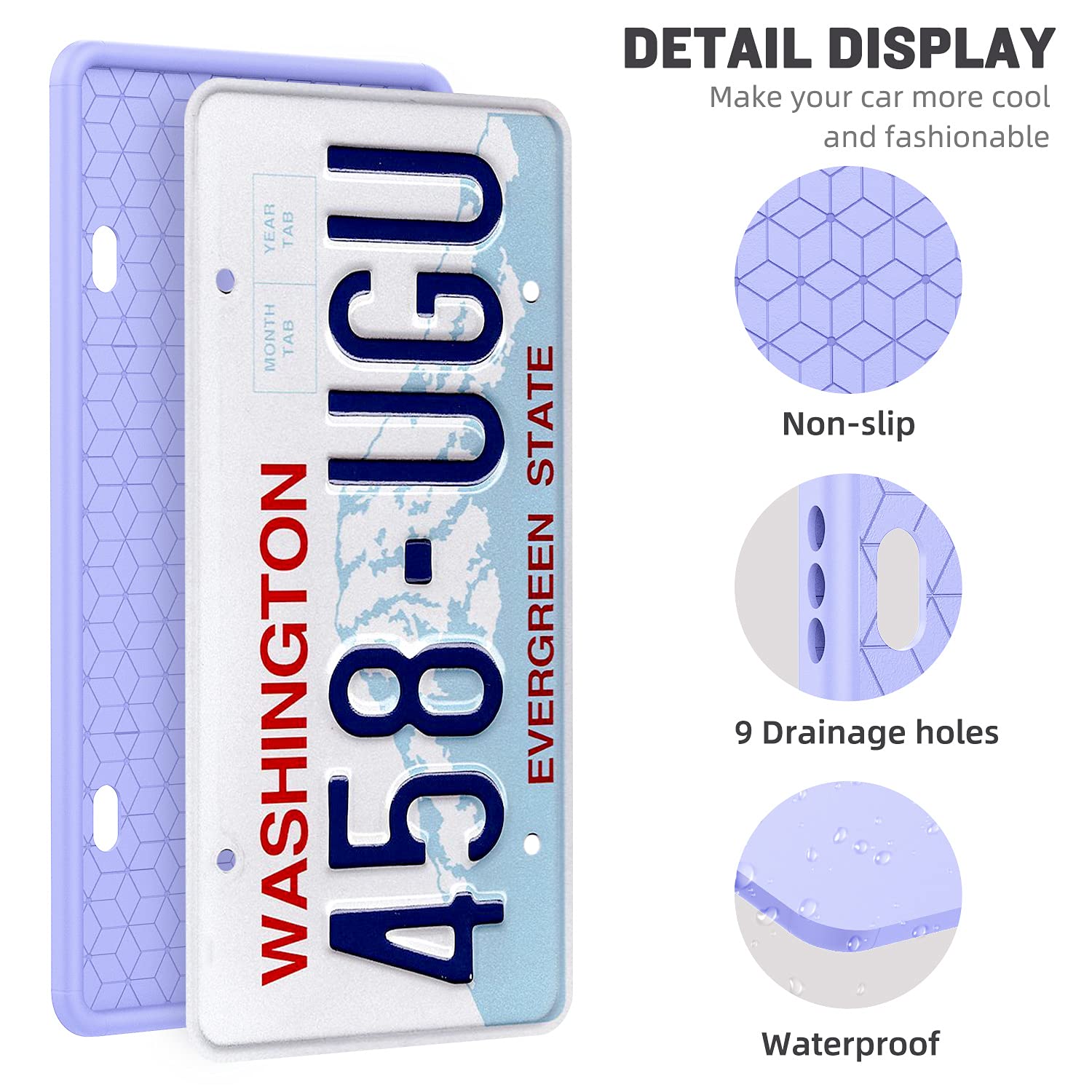 Qiqamole 2 Pack Silicone Frame Front Back License Plate Cover/ Bracket Holder Rust-Proof, Rattle-Proof, Weather-Proof, For Us Ca