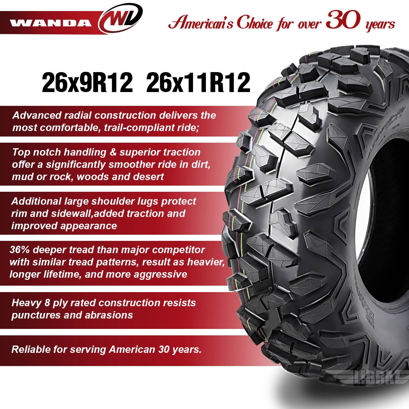 Wanda Set 4 Atv/Utv Tires 26X9R12 & 26X11R12 8Pr Radial Bighorn Style
