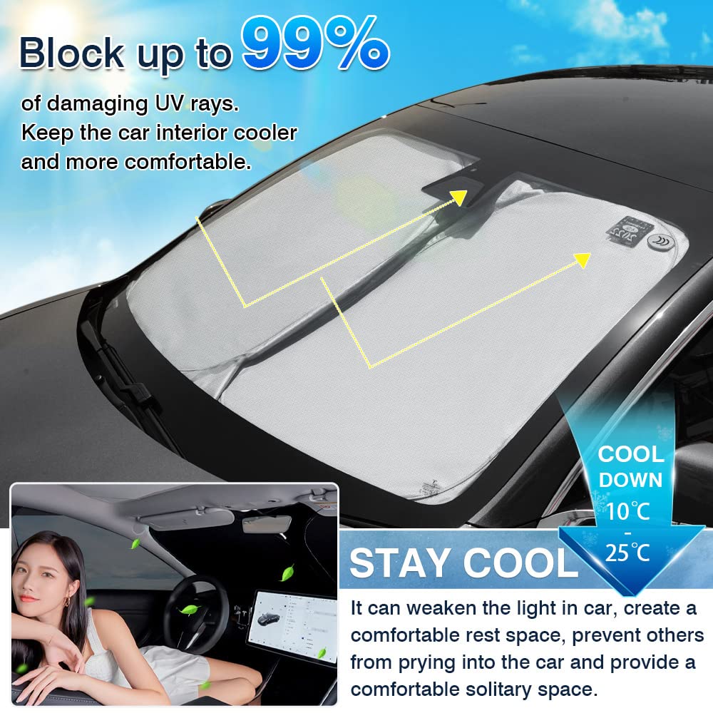 Karltys Sunshade For Tesla Model 3 2017-2023 Accessories Windshield Sun Shade Thick 240T Reflective Polyester Front Window Cover