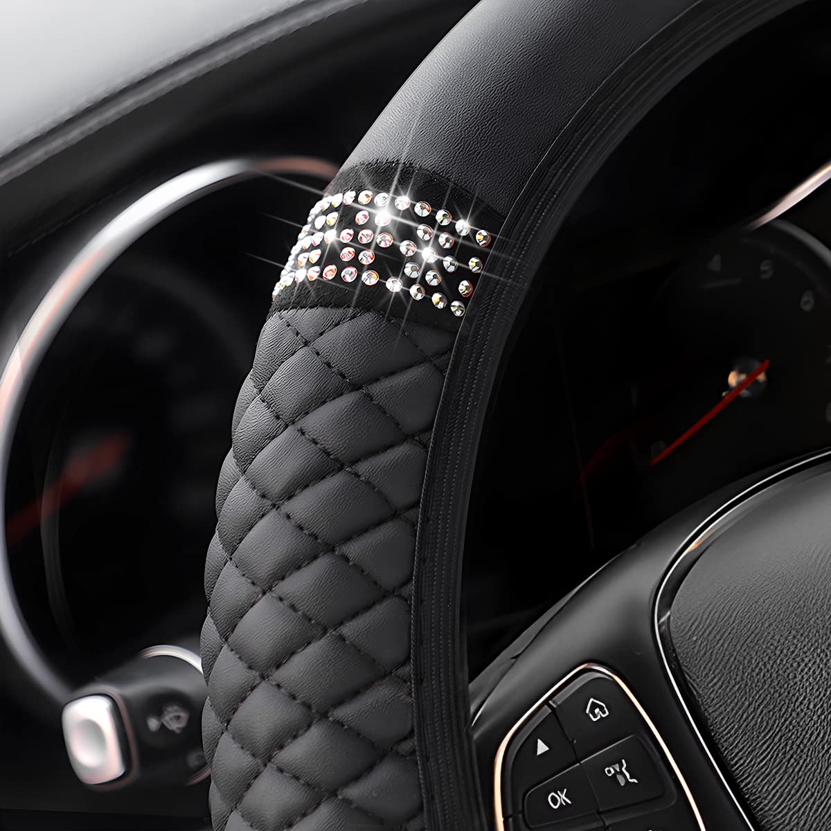 Bling Soft Leather Steering Wheel Cover Protector, 15 Inch Colorful Rhinestones Auto Elastic, Sparkly Crystal Diamond For Women
