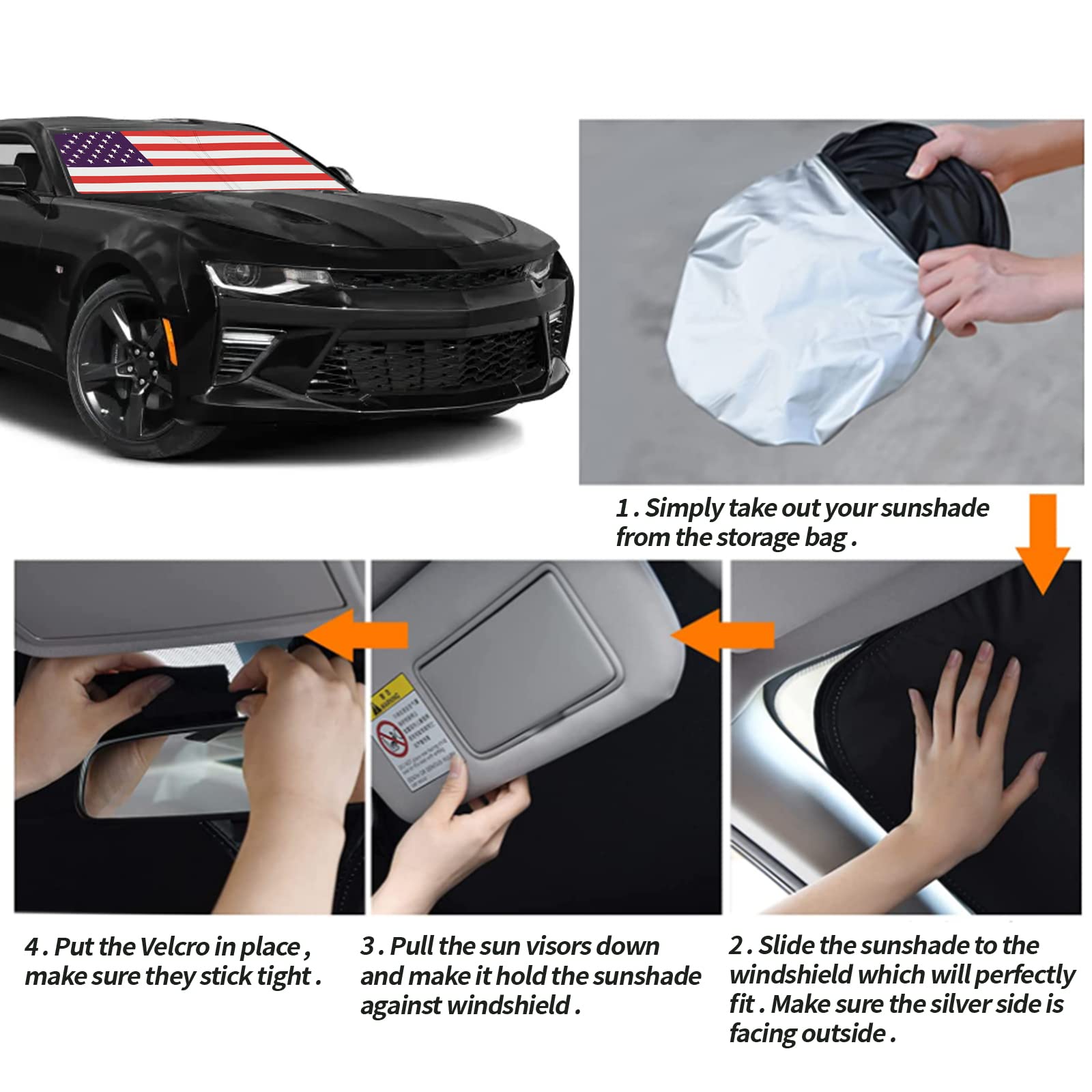 Moricere Upgrade Windshield Sun Shade With Usa Flag For Chevrolet Camaro 2016-2024, Foldable Windshield Sun Visor Blocks Uv Rays