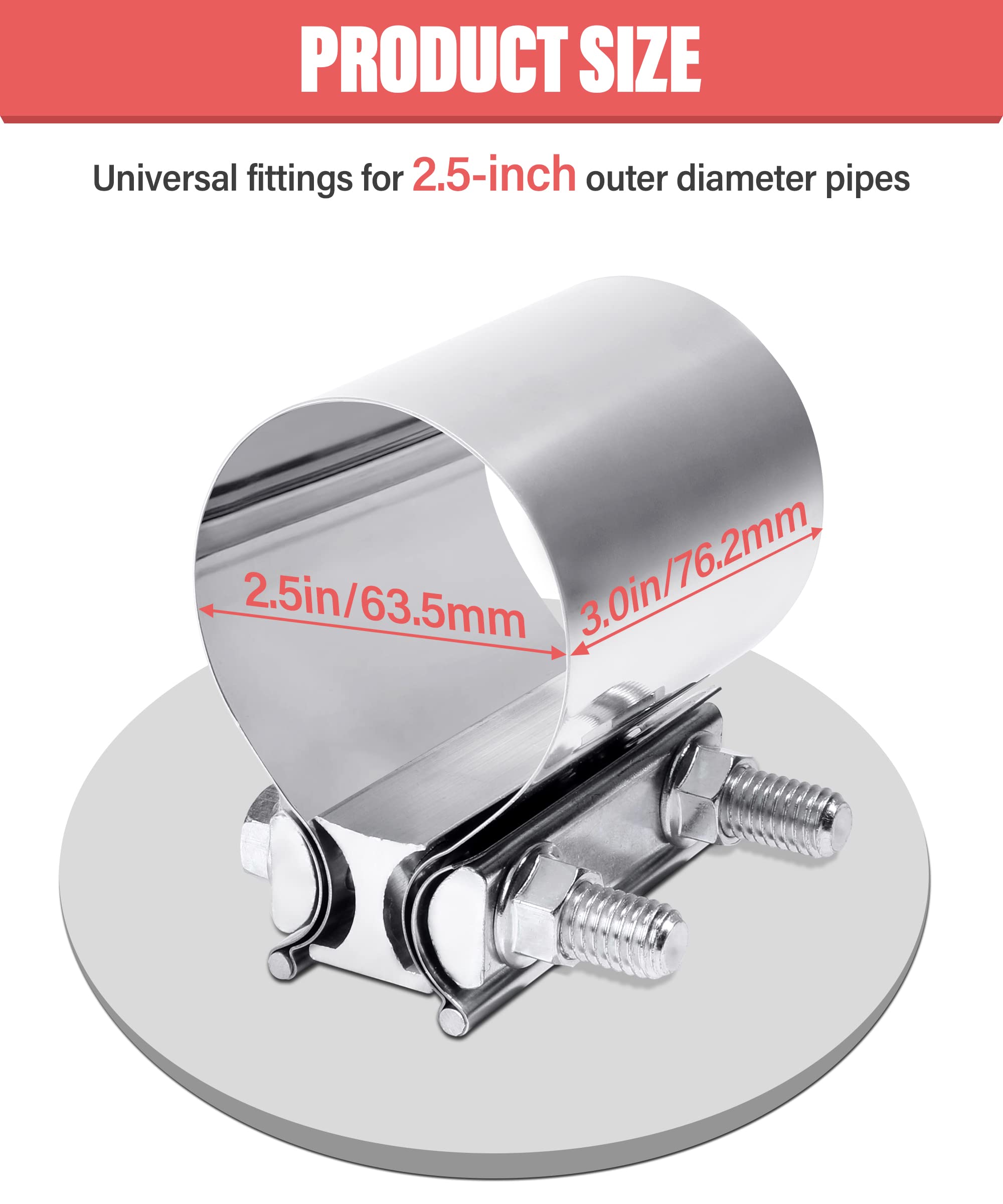 Zlirfy Exhaust Clamp Exhaust Pipe Clamp,2.0” 2.25” 2.5” 2.75” 3.0” 4.0” Butt Joint Stainless Steel Clamp Band,Universal Widening Clamp Butt Joint Exhaust Clamp,Fit For Exhaust Pipe (2.5Inch)