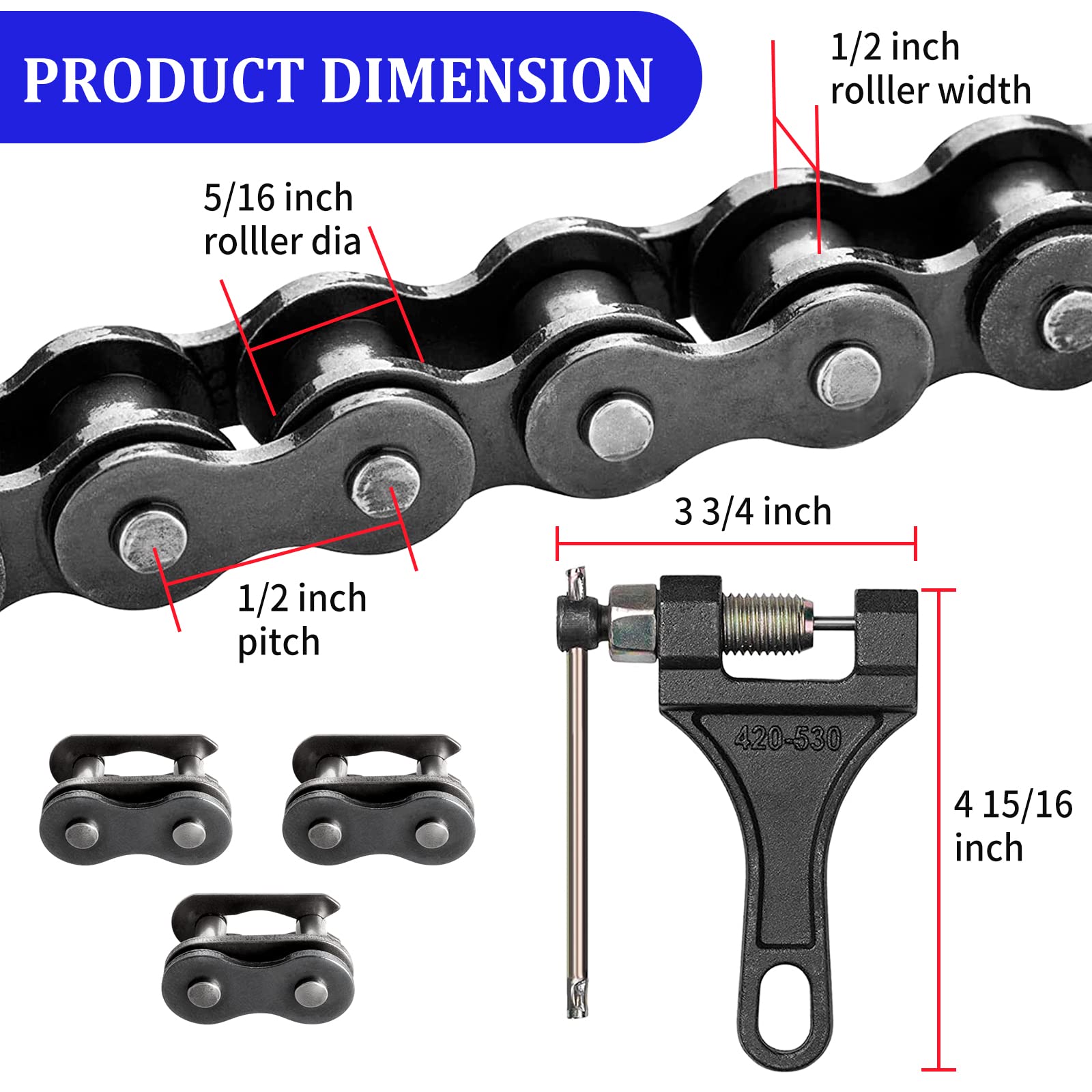 420 Motorcycle Chain - 420 Standard Roller Chain For 110Cc 125Cc Go Kart Dirt Pit Bike Atv Quad Scooter Mini Bike, Total 132 Links, Free Chain Breaker Included