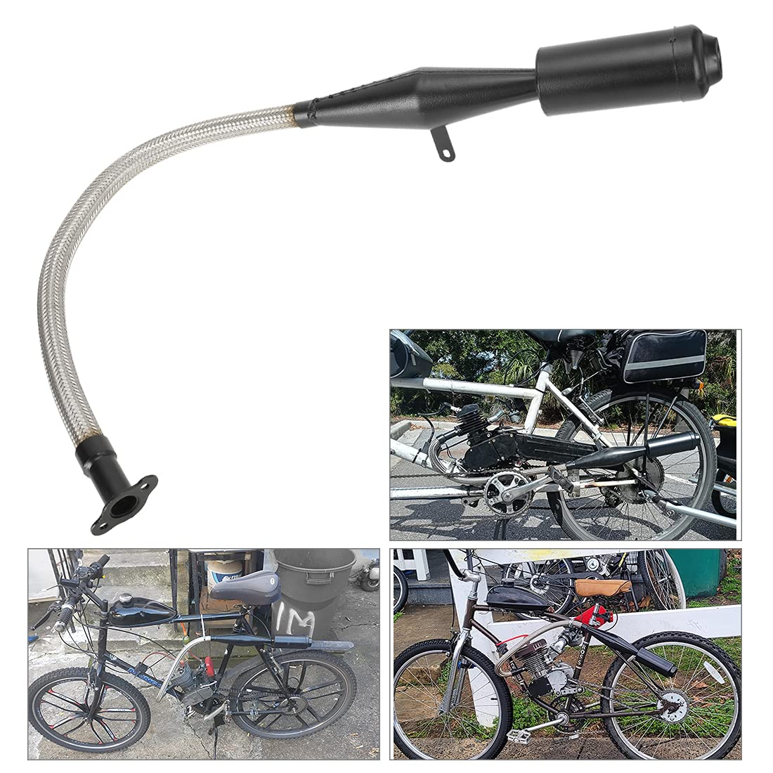 Fvrito Stainless Steel Flexible Exhaust Muffler Pipe Silencer Gasket For 2 Stroke 49Cc 60Cc 66Cc 80Cc 100Cc Engine Gas Motorized Bicycle Motor Bike Black