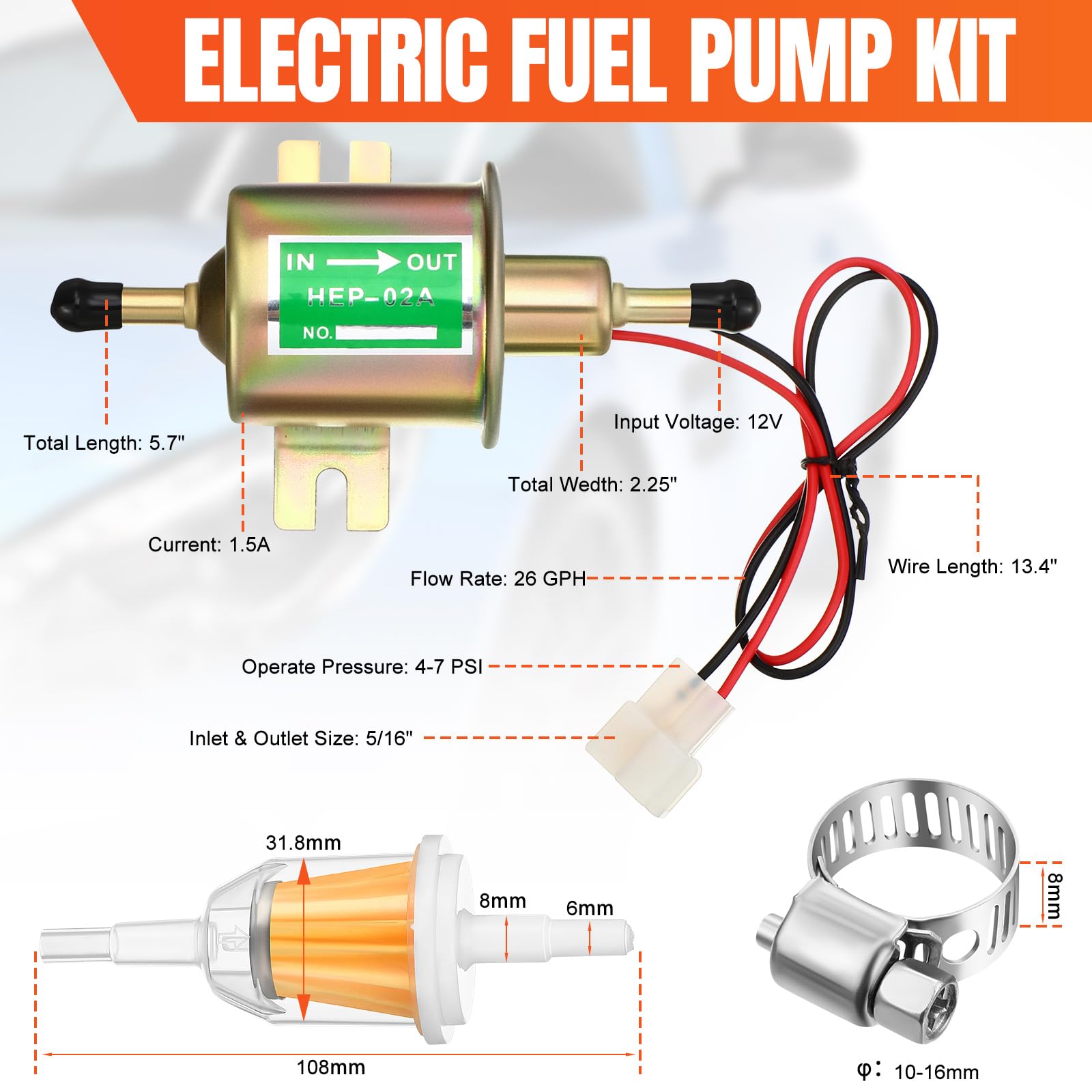 Threlaco 2 Pcs Electric Fuel Pump Kit 12v Universal Low Pressure 4-7 Psi Gas Diesel Inline Pump with 2 Fuel Filter and 8 Hose Cl