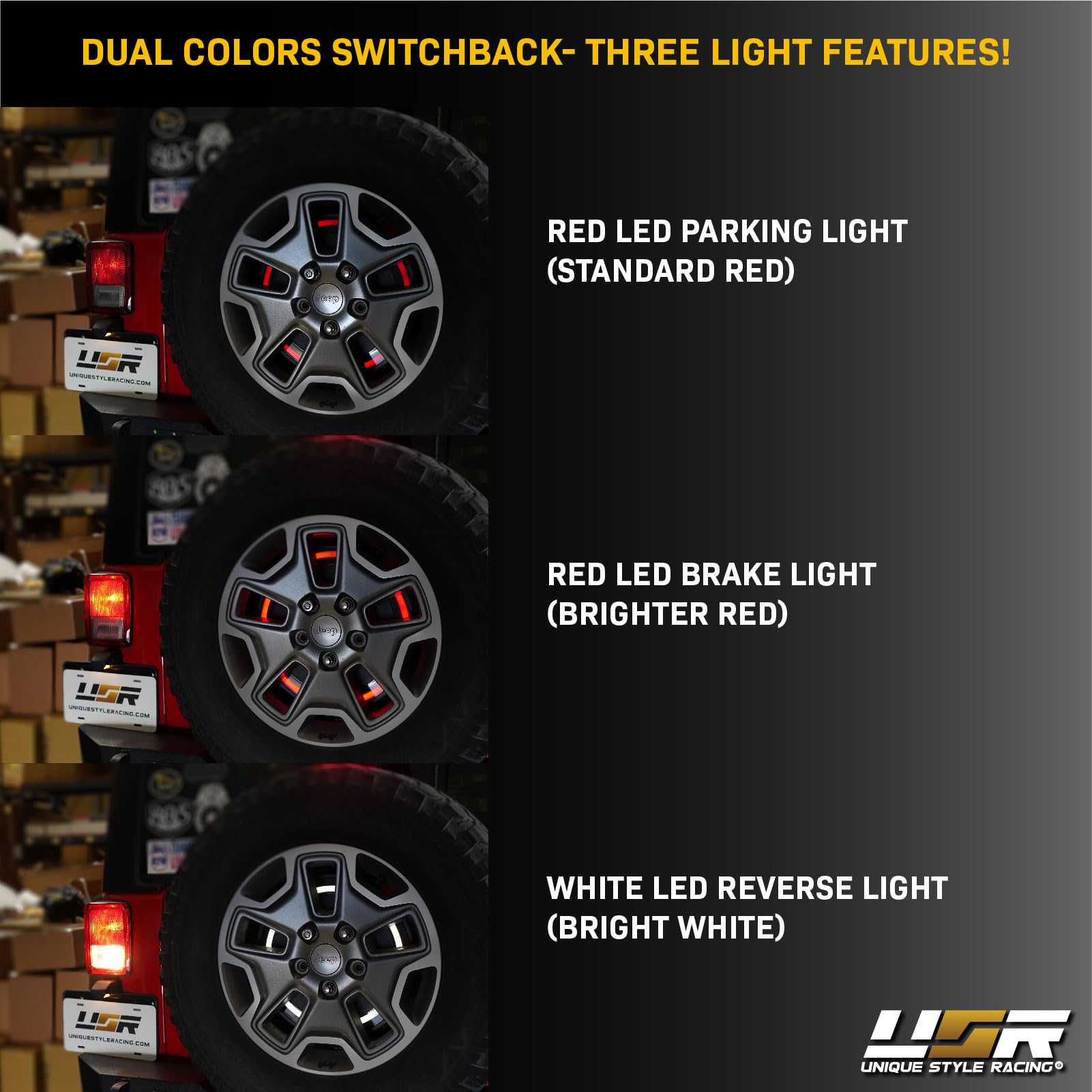 Usr 07-18 Jk Wrangler Spare Tire 3Rd Third Brake Light Switchback Red/White Led Halo Ring Bar Rear Tail Wheel Light Compatible W