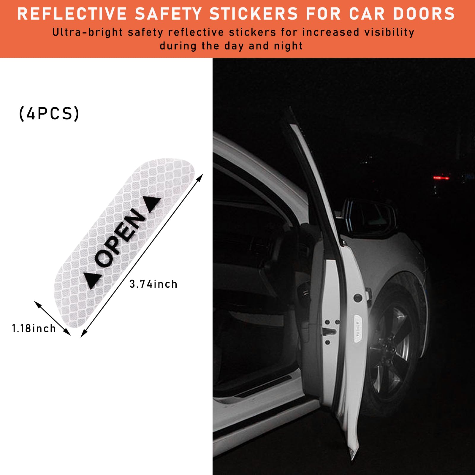Ziciner 4 Pcs Car Door Open Reflective Stickers, Night Visibility Safety Warning Auto Anti-Collision Protective Strip, Universal