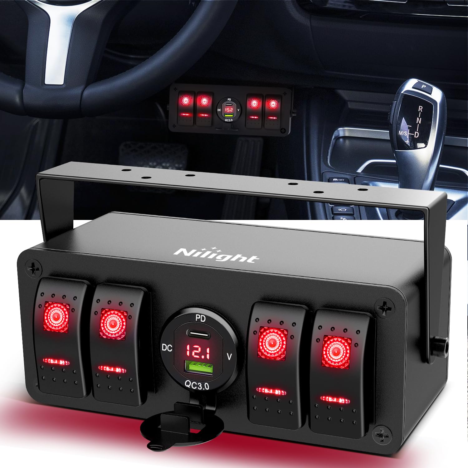 Nilight 4 Gang Rocker Switch Box 12V Spst On Off Toggle Switches Pd Type C And Qc 3.0 Usb Charger Voltmeter Led Light Waterproof