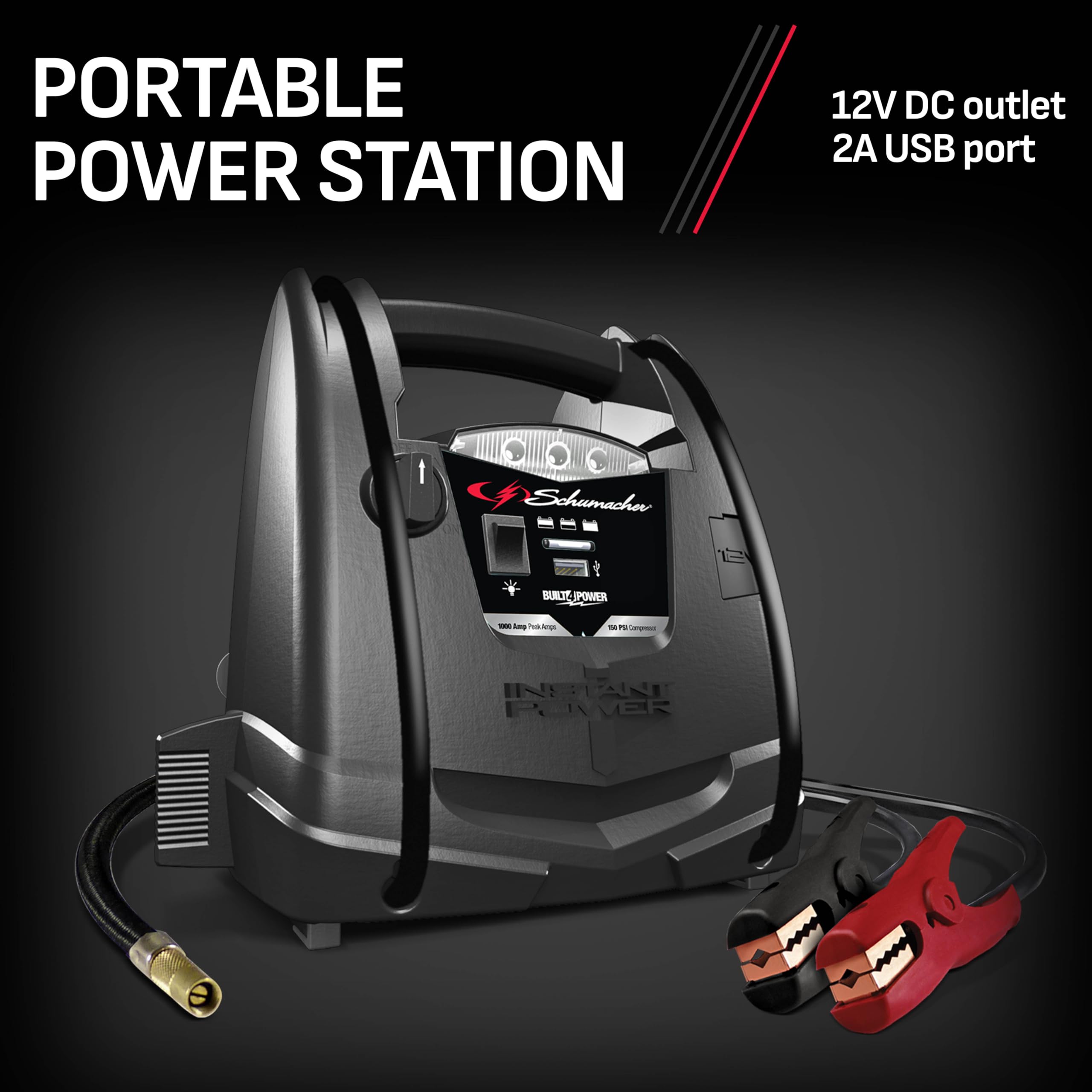 Schumacher Electric Sj1330 4-In-1 Portable Power Station And Jump Starter With 150-Psi Air Compressor And Led Light, 1000 Peak A