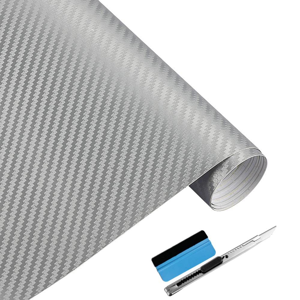 Lzlrun 3D Silver Carbon Fiber Vinyl Wrap - Outdoor Rated For Automotive Use - 2Ft X 5Ft Knife + Hand Tool
