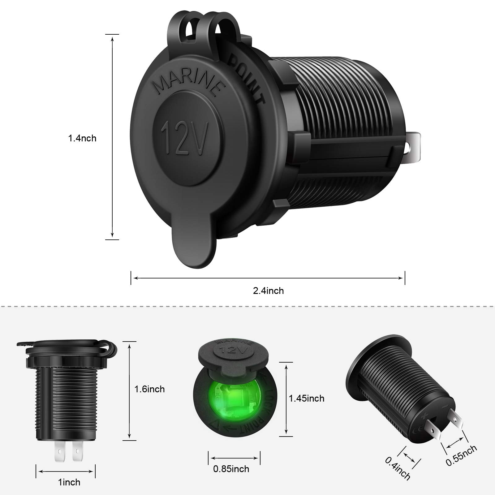 Zhsms Universal 12V/24V Car Cigarette Lighter Socket Replacement With Green Led For Car Marine Motorcycle Atv Rv And More, Water