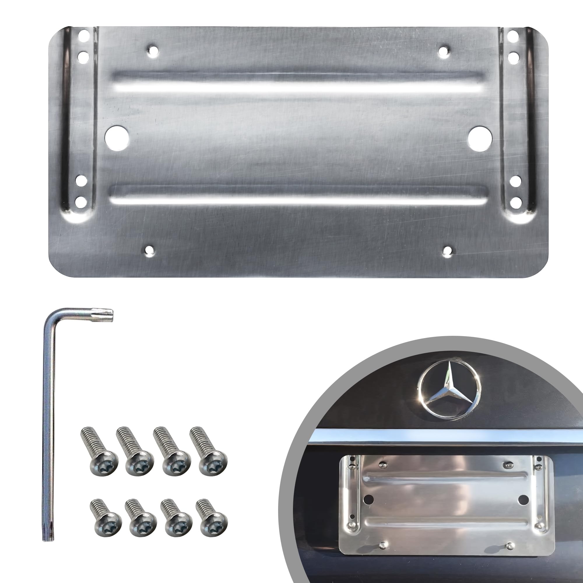 Rear Bumper License Plate Bracket For Mercedes-Benz 2007-2023, Plate Holder Set W 8 Unique Screw Bolts & Wrench Kit, License Tag