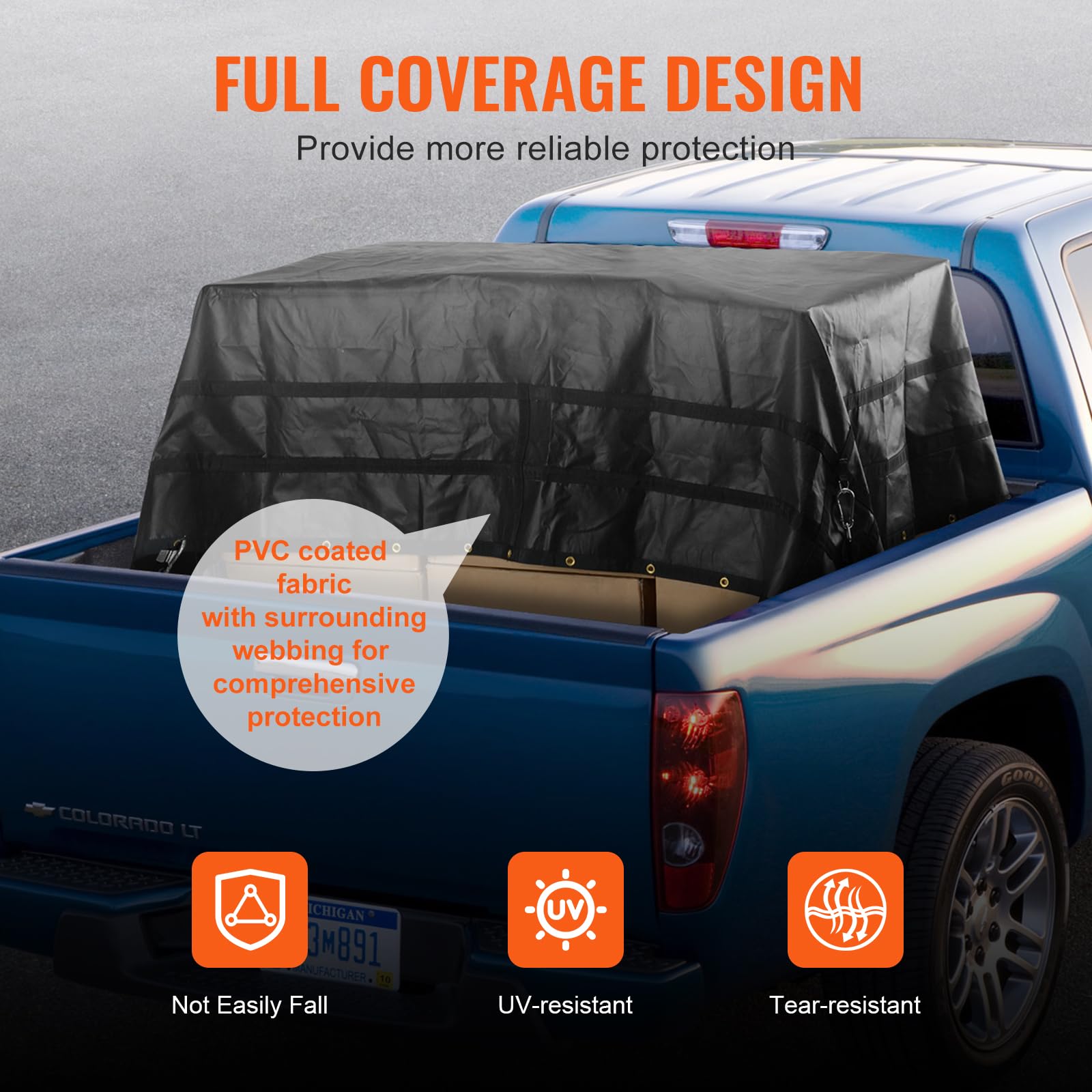 VEVOR Waterproof Cargo Net, 120 in x 105 in, Heavy Duty Truck Cargo Net-(WLL) 700lbs, 4 Adjustable Straps with Carabiners & S-Ho